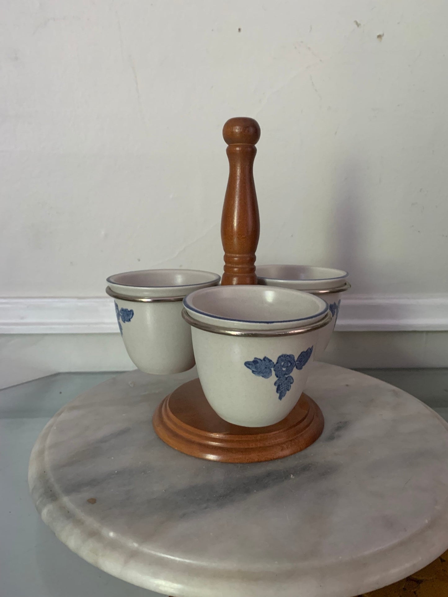 Vintage Wood Caddy with 3 Gray Pottery Condiment Pots with Blue Flowers