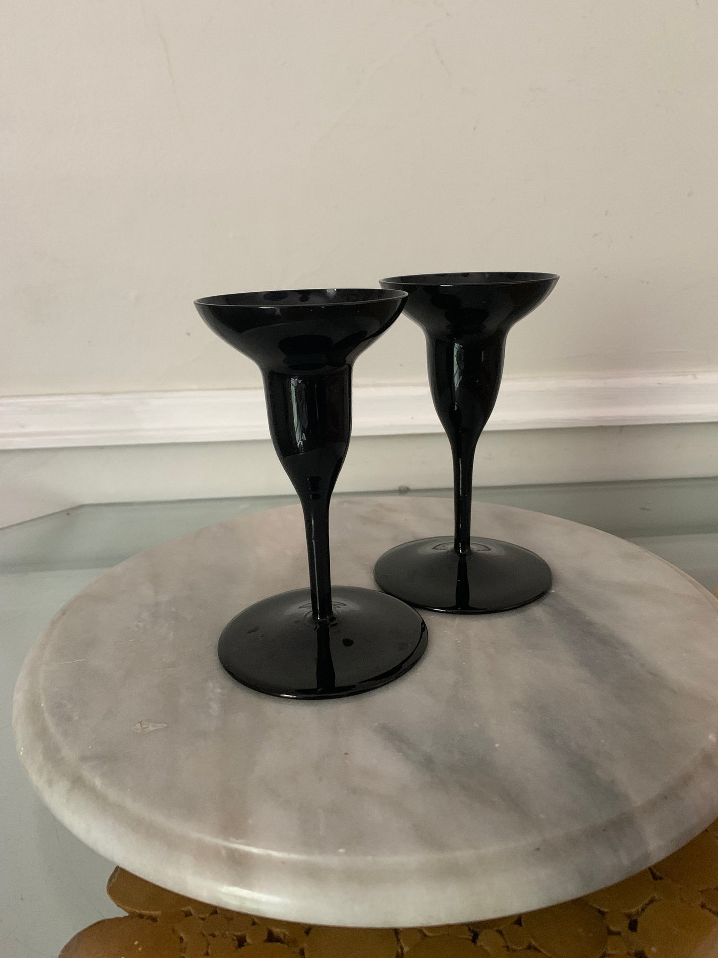 Set of Vintage Black Glass Candle Holders