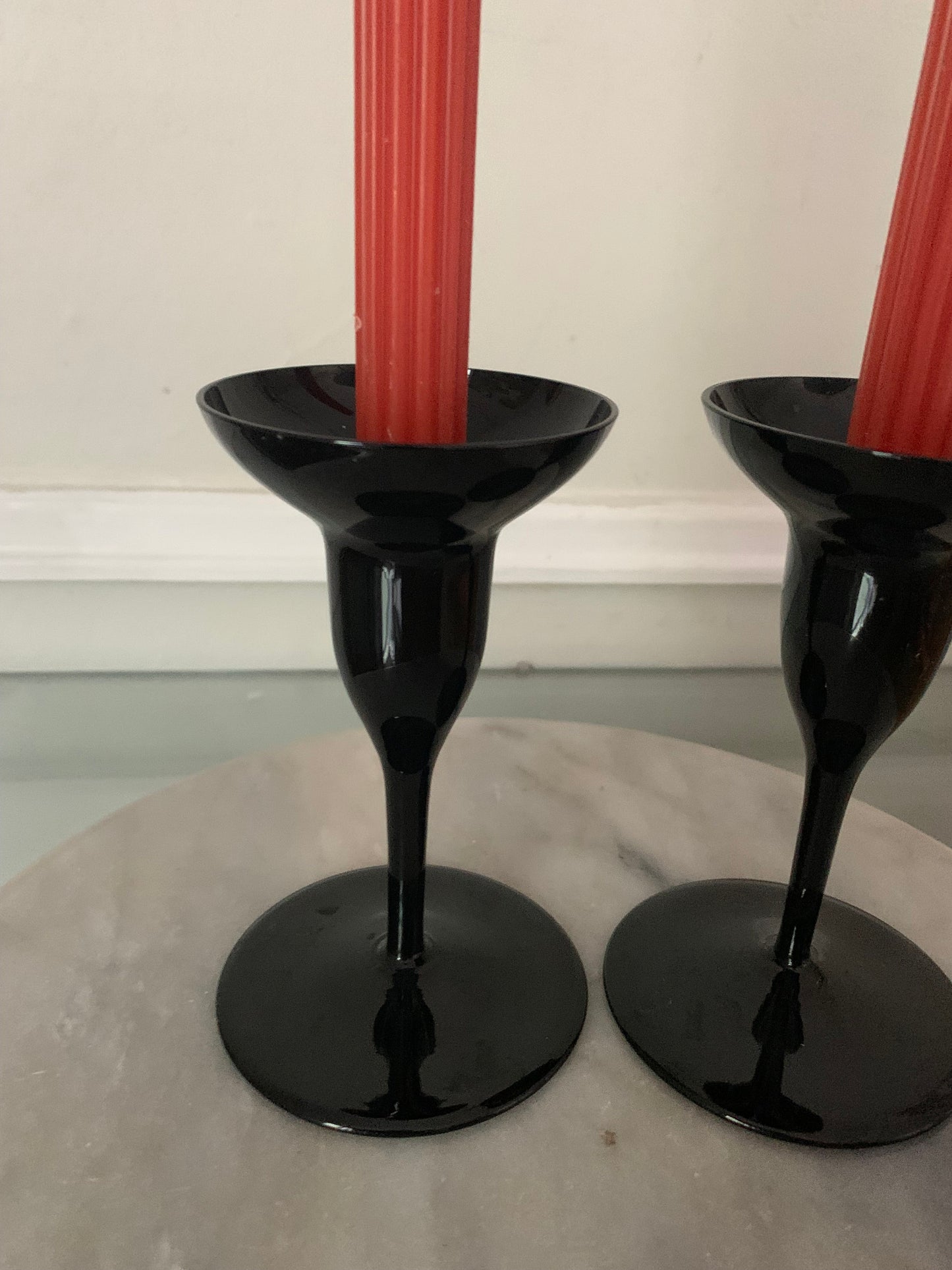 Set of Vintage Black Glass Candle Holders