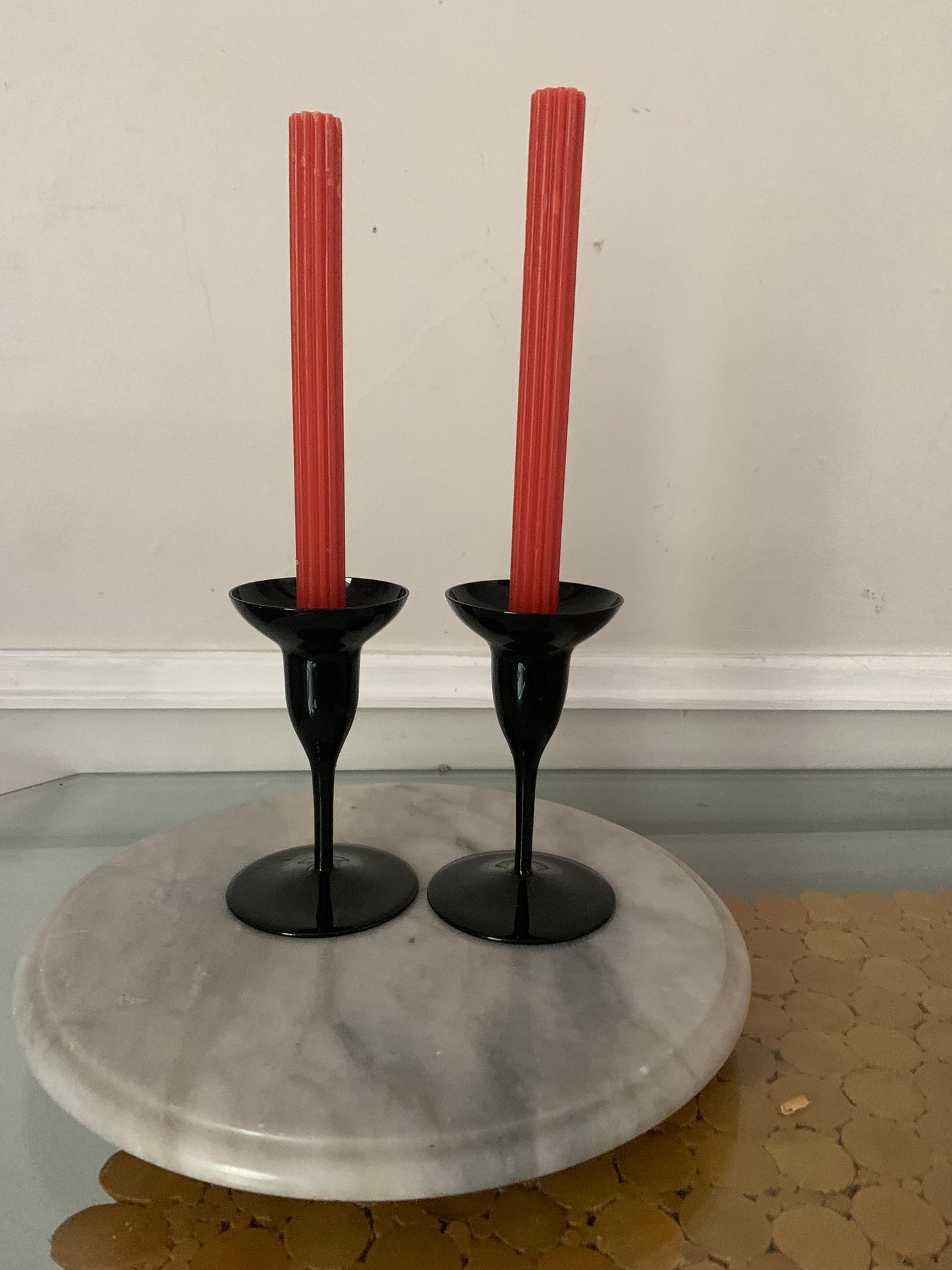 Set of Vintage Black Glass Candle Holders