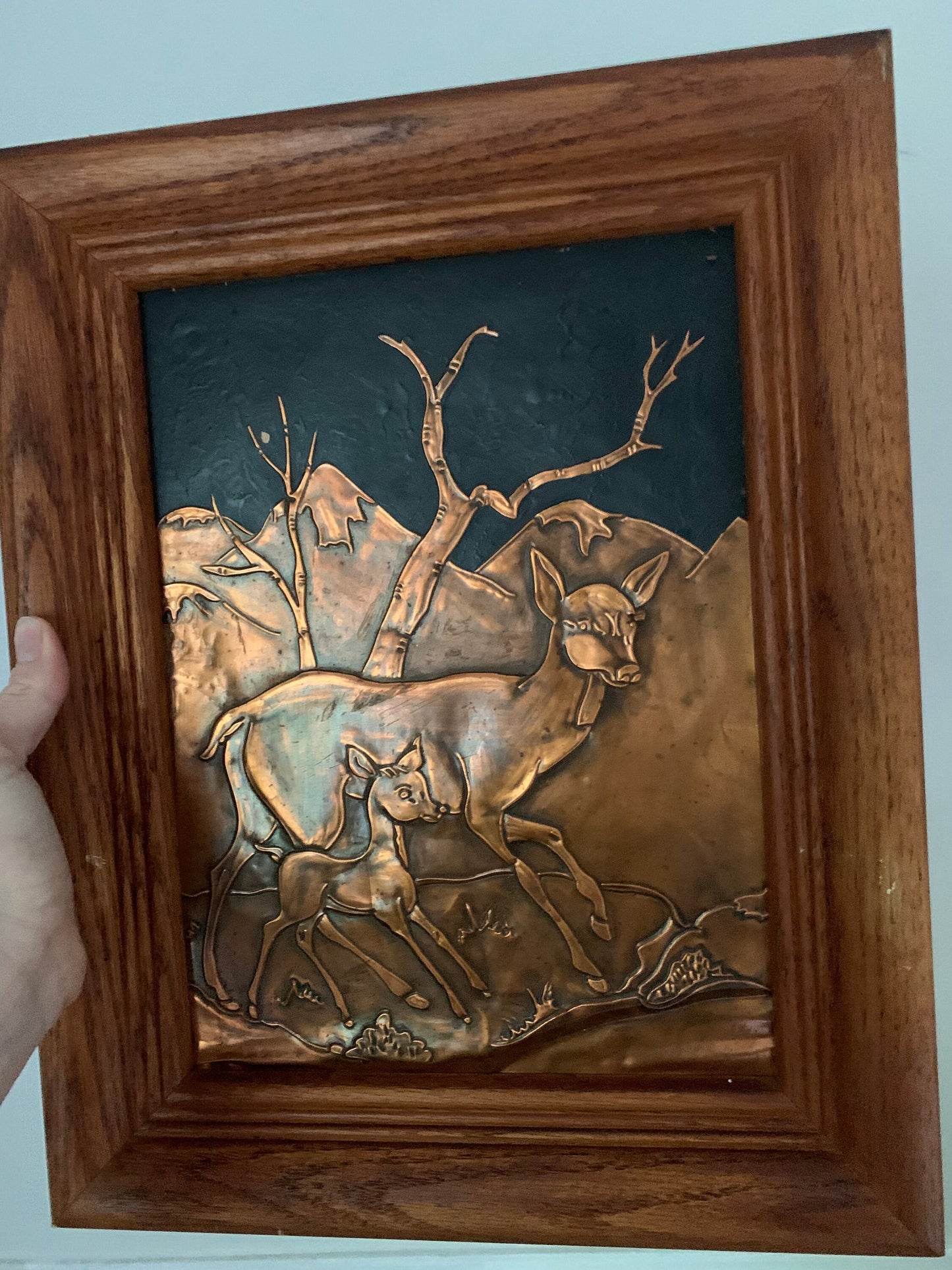 Vintage Copper Mother and Baby Deer Relief in Solid Wood Frame