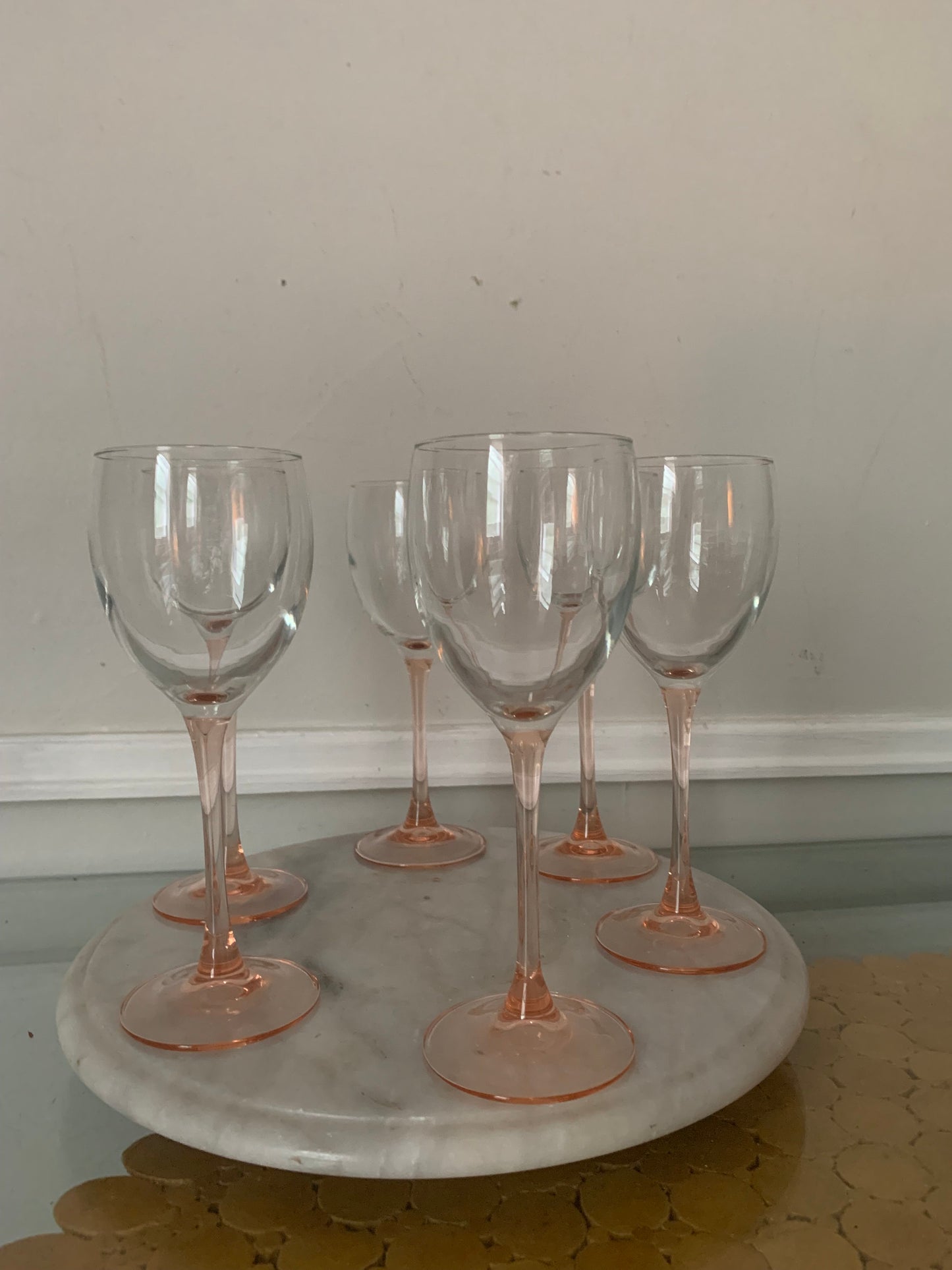 Retro Set of 6 Pink Stem White Wine Glasses 6 Oz