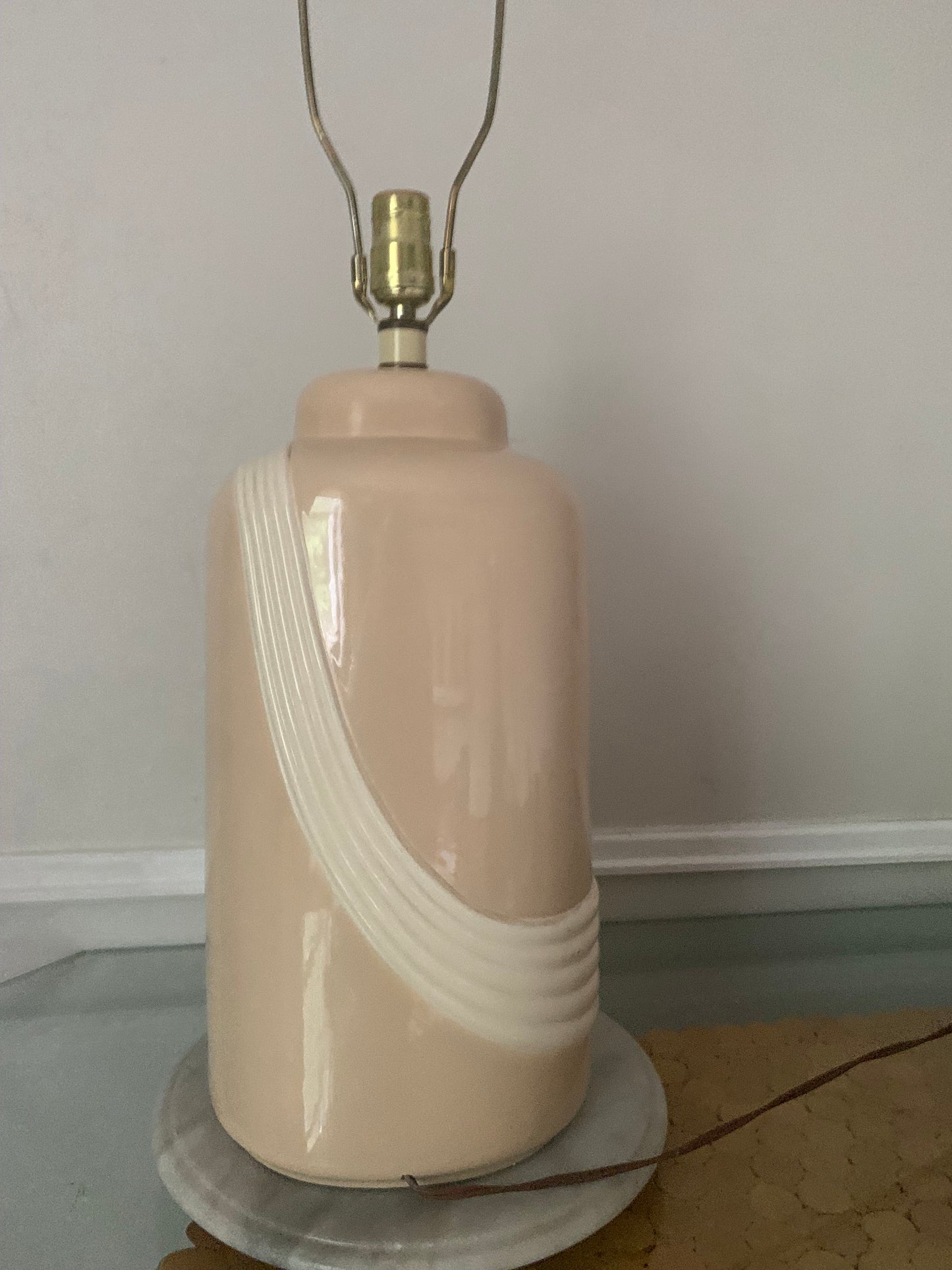 Retro Large Light Tan Ceramic Table Lamp with Cream Piping No Shade