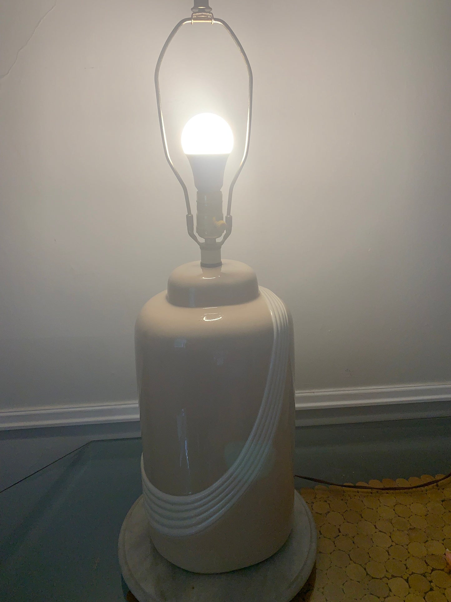 Retro Large Light Tan Ceramic Table Lamp with Cream Piping No Shade