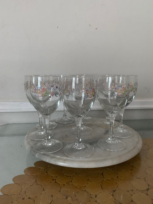 Set of 10 Retro Arcopal Floral Victoria Pattern Wine Glasses Made in France