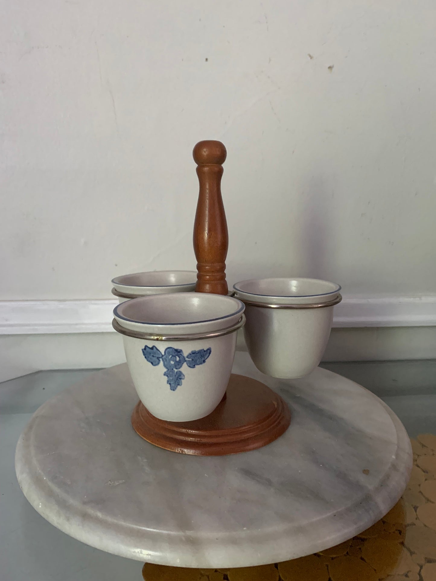 Vintage Wood Caddy with 3 Gray Pottery Condiment Pots with Blue Flowers