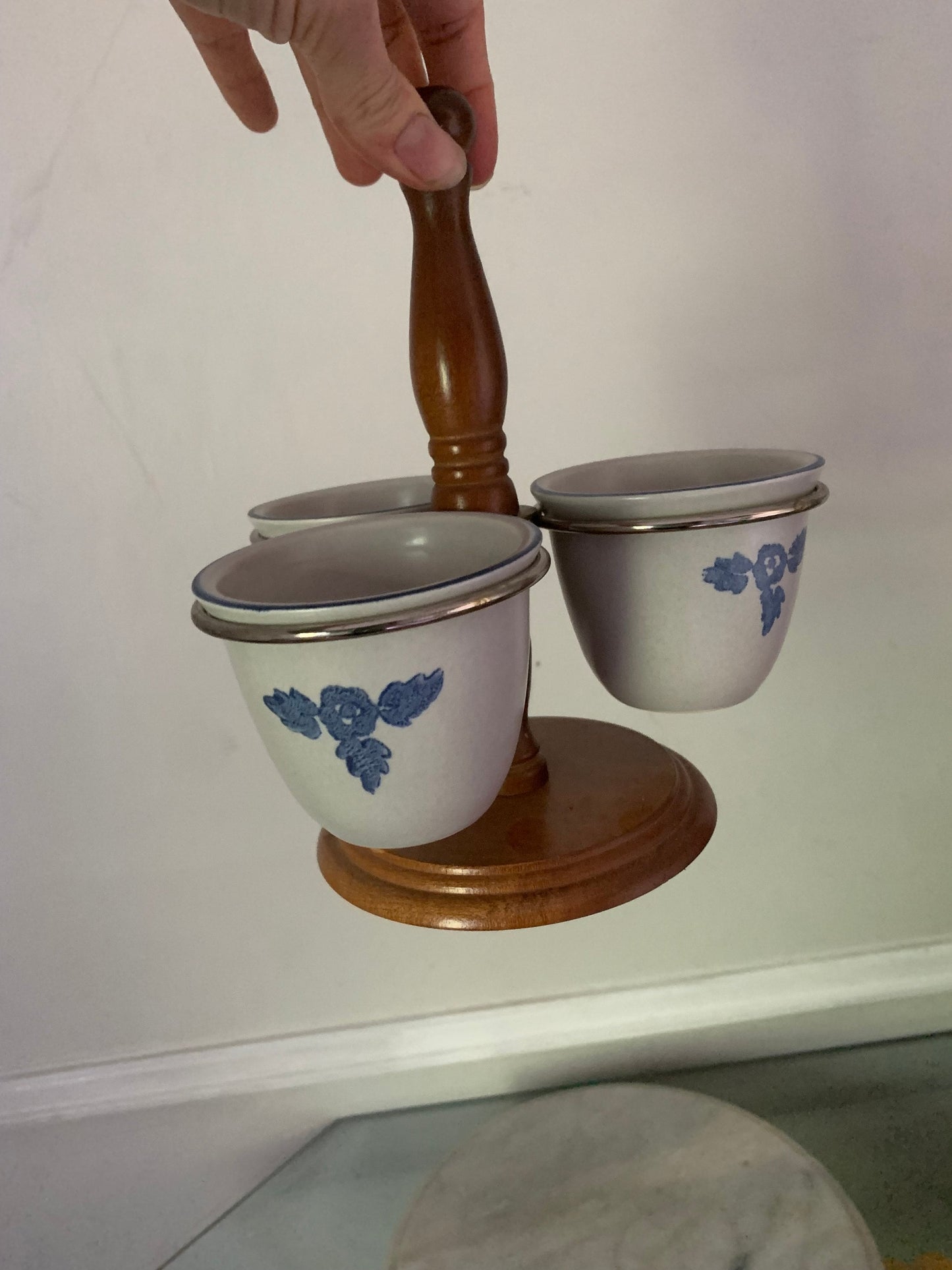 Vintage Wood Caddy with 3 Gray Pottery Condiment Pots with Blue Flowers