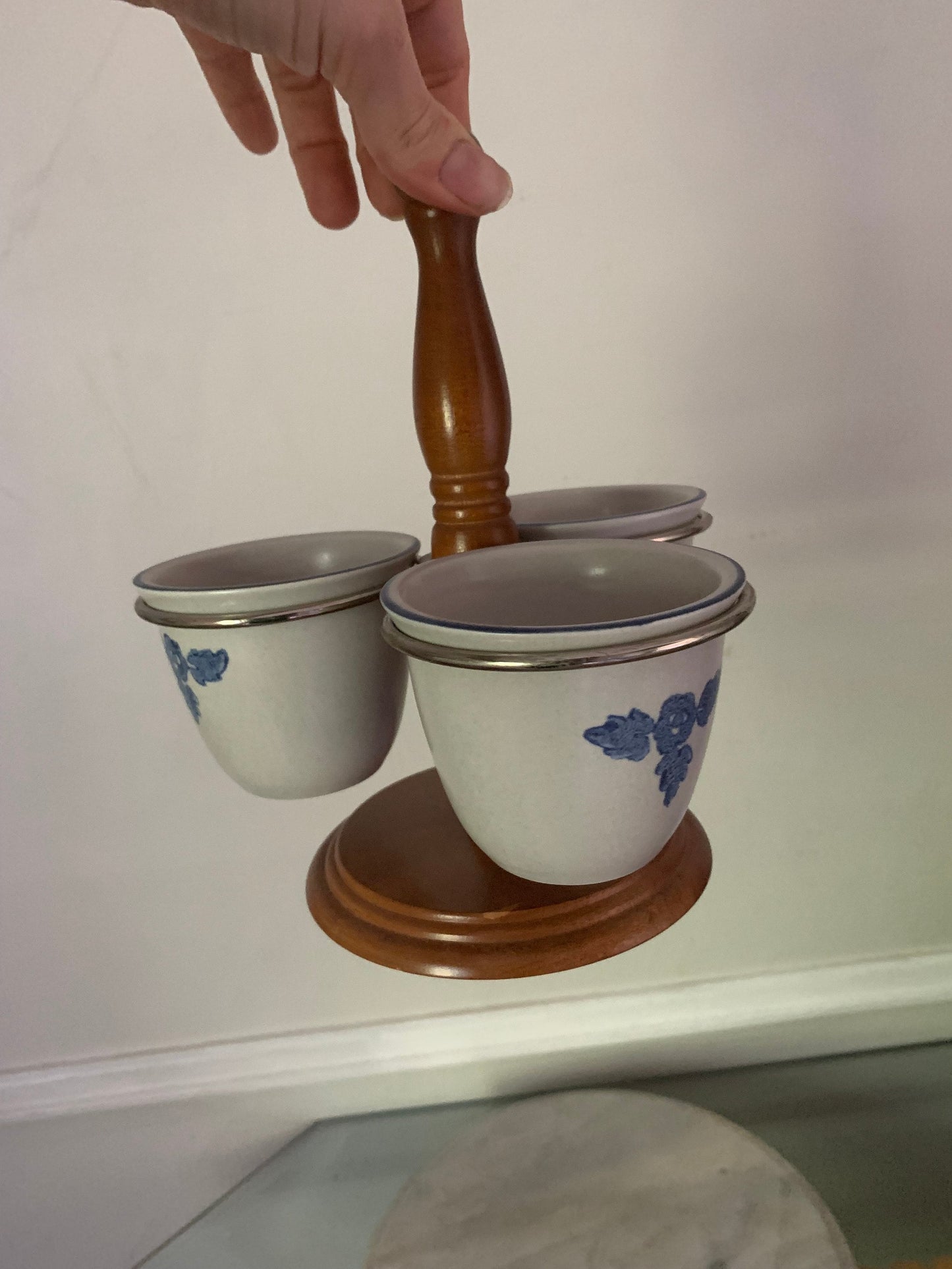 Vintage Wood Caddy with 3 Gray Pottery Condiment Pots with Blue Flowers