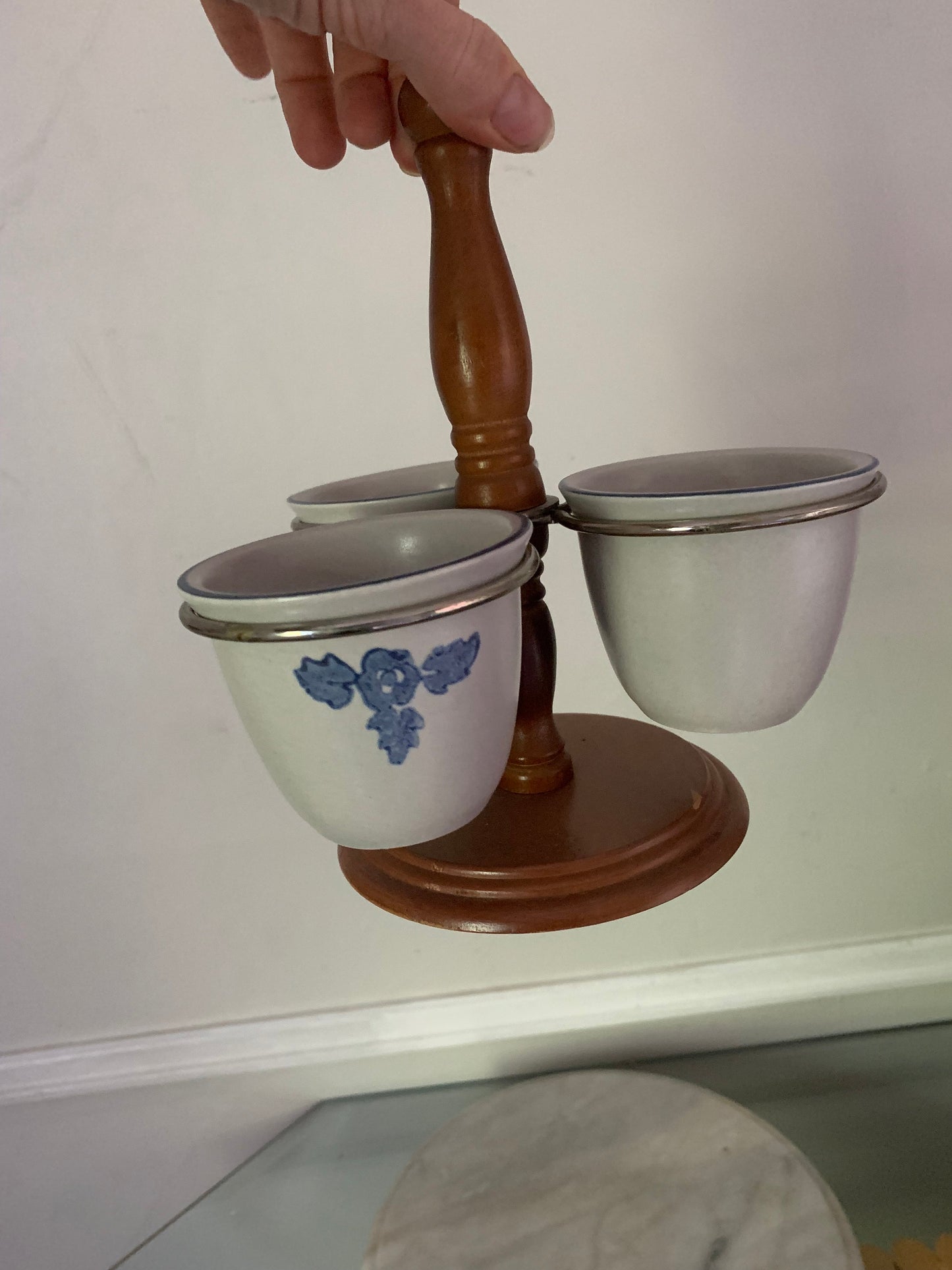 Vintage Wood Caddy with 3 Gray Pottery Condiment Pots with Blue Flowers