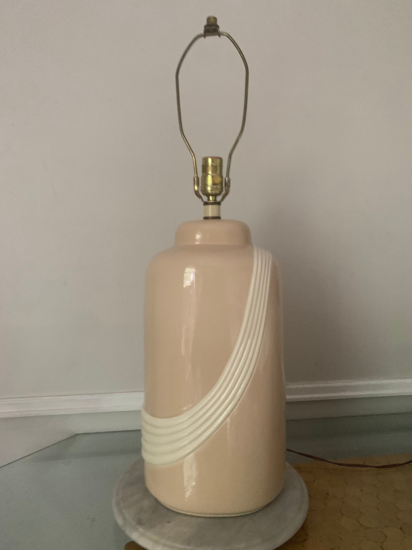 Retro Large Light Tan Ceramic Table Lamp with Cream Piping No Shade