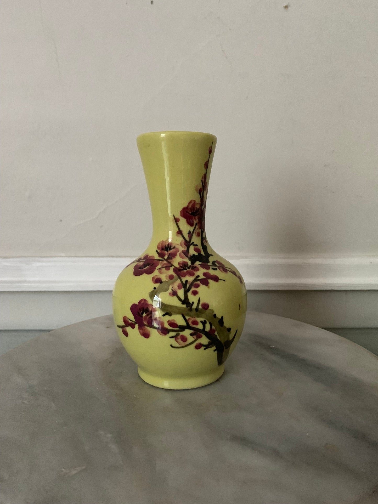 Vintage Chartruese Ceramic Vase with Hand Painted Cherry Blossoms