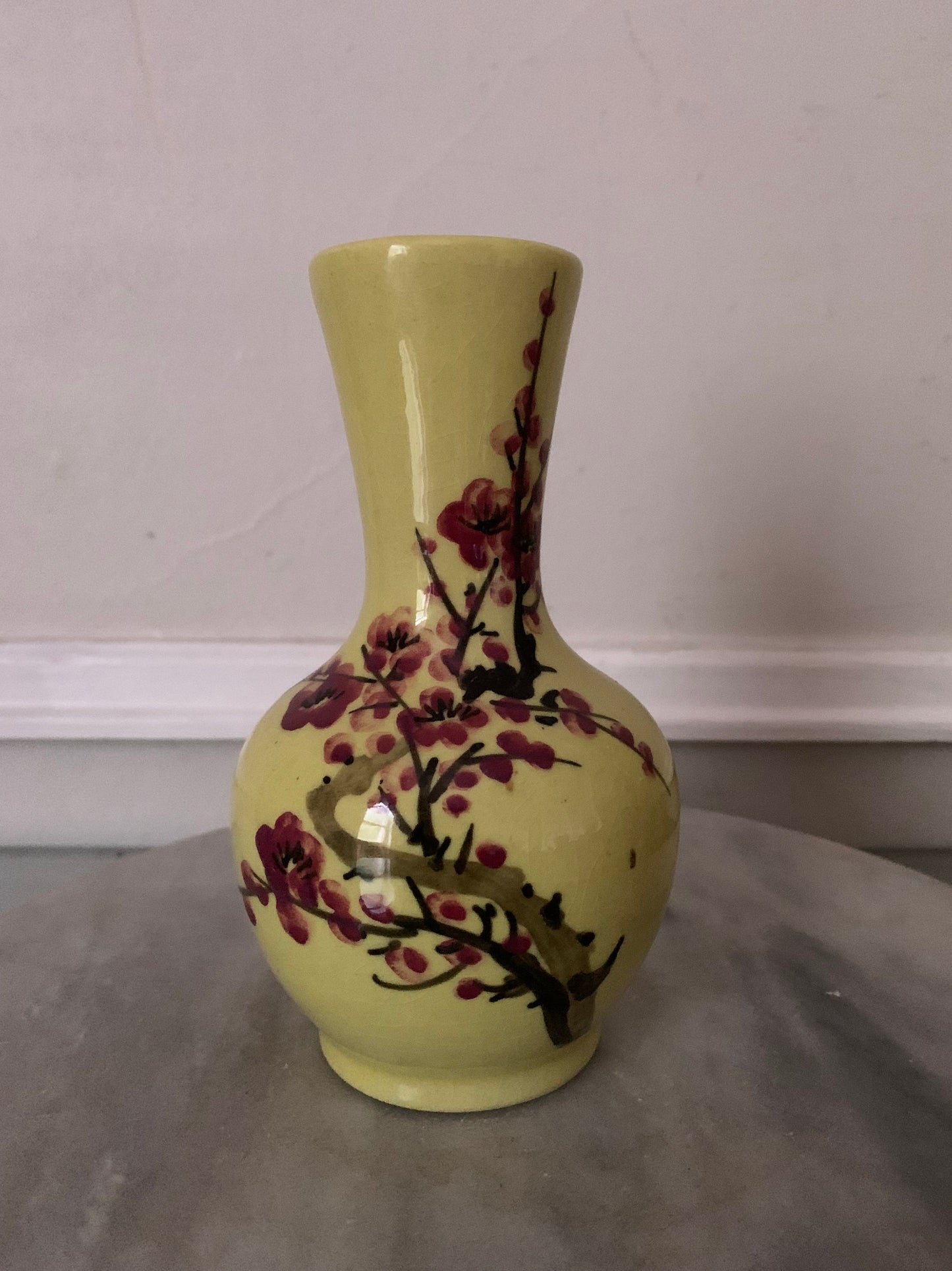 Vintage Chartruese Ceramic Vase with Hand Painted Cherry Blossoms