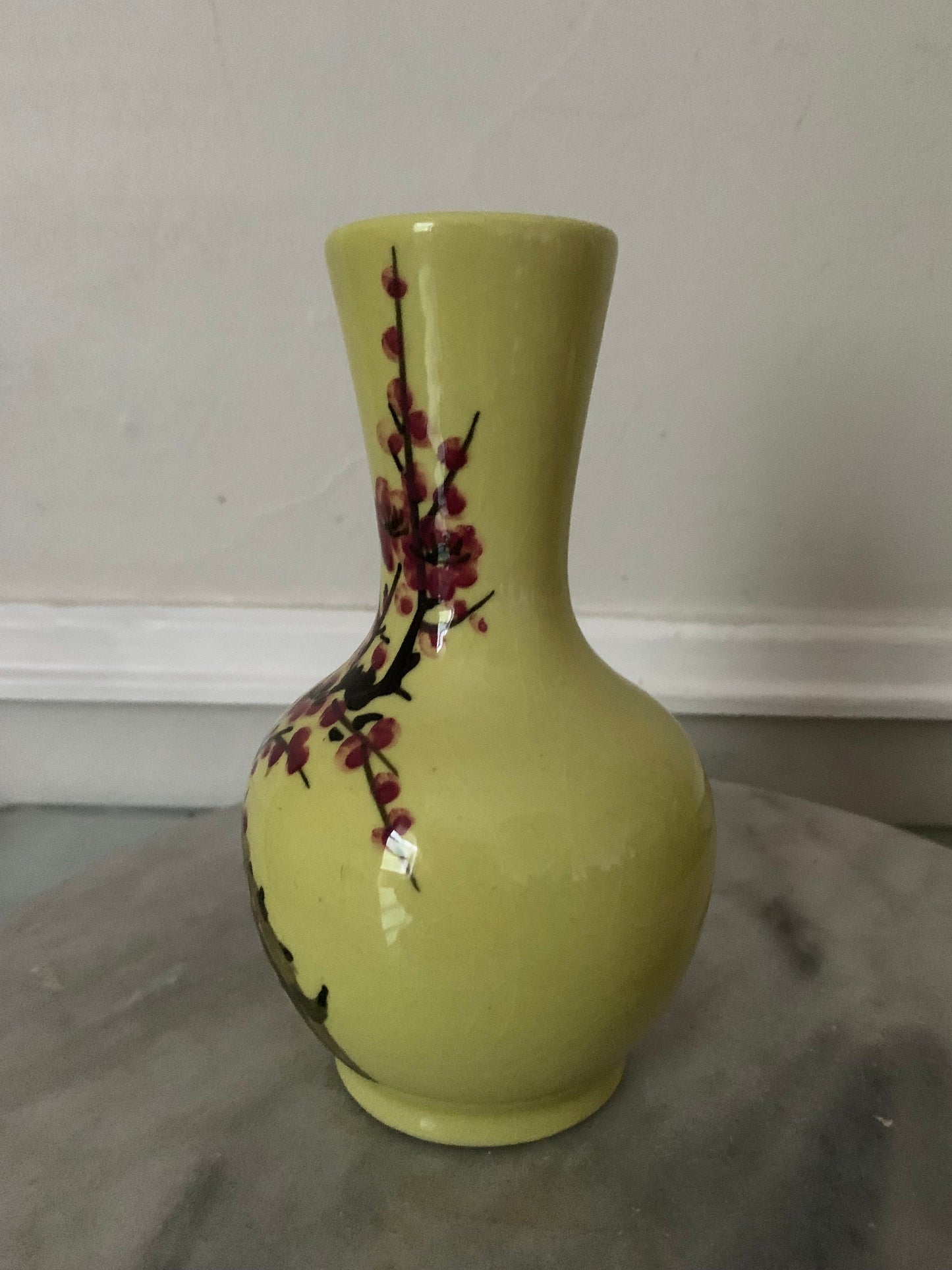 Vintage Chartruese Ceramic Vase with Hand Painted Cherry Blossoms