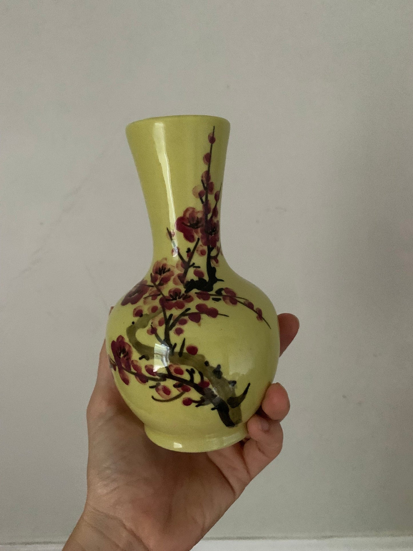 Vintage Chartruese Ceramic Vase with Hand Painted Cherry Blossoms