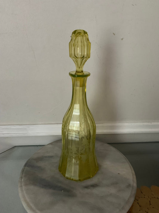 Vintage Etched Yellow Glass Bottle with Stopper
