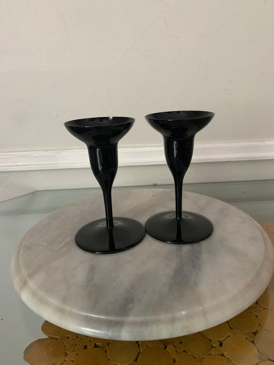 Set of Vintage Black Glass Candle Holders