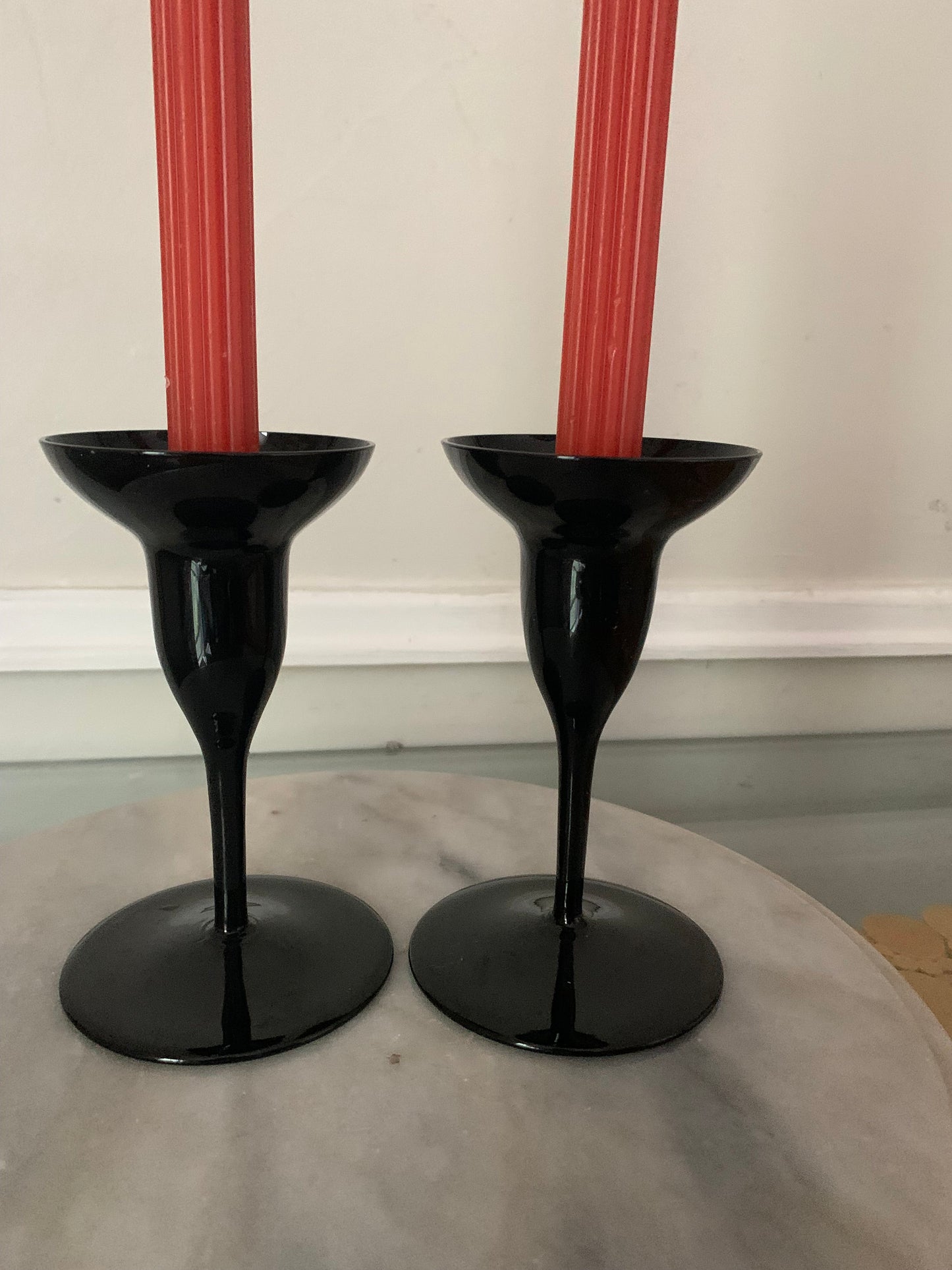 Set of Vintage Black Glass Candle Holders