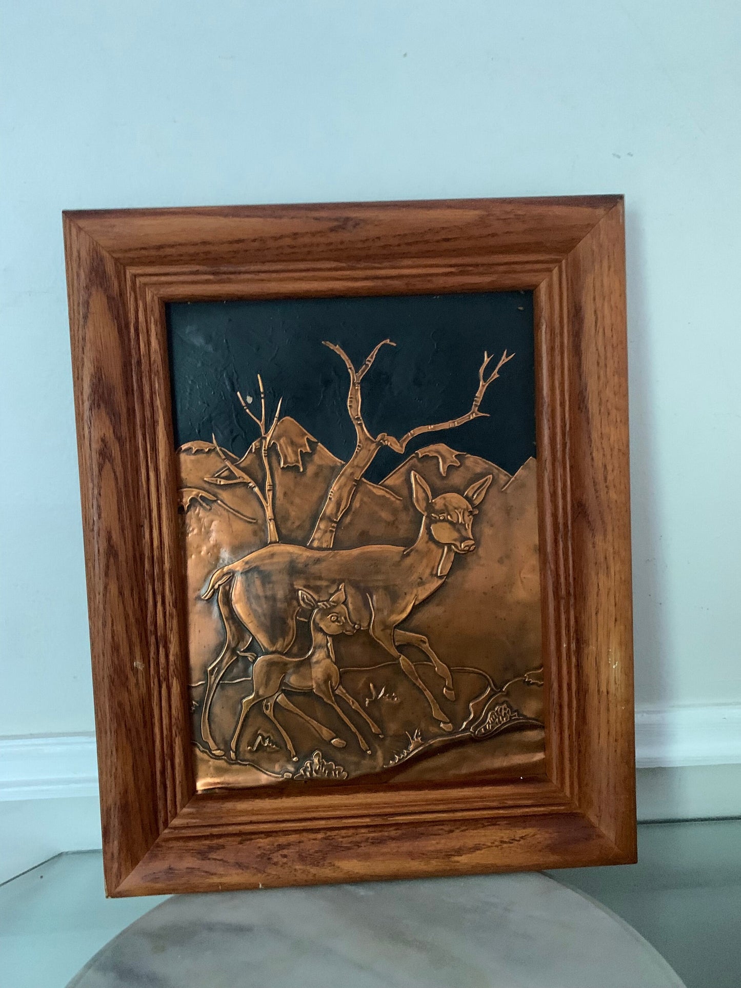 Vintage Copper Mother and Baby Deer Relief in Solid Wood Frame