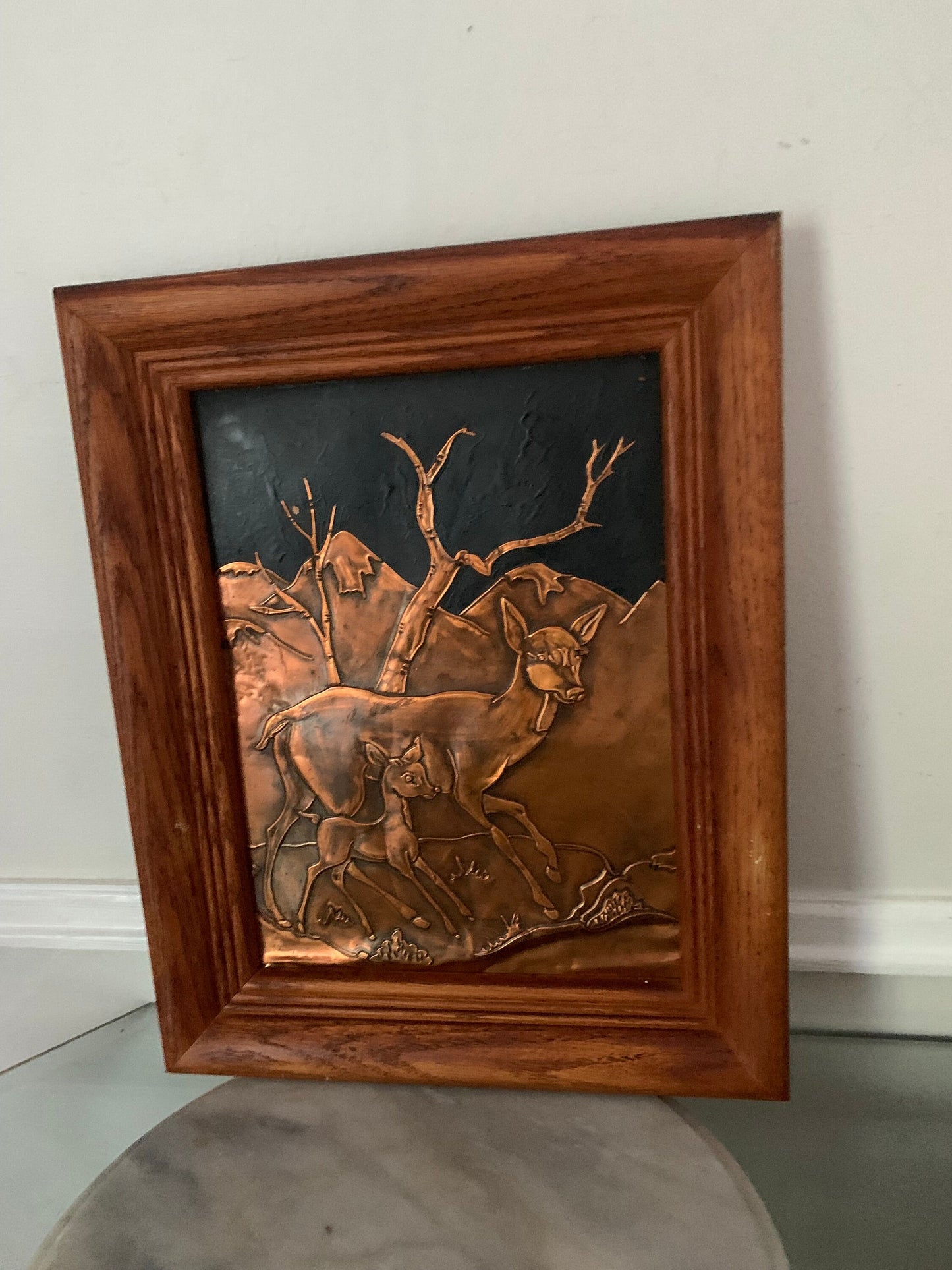 Vintage Copper Mother and Baby Deer Relief in Solid Wood Frame