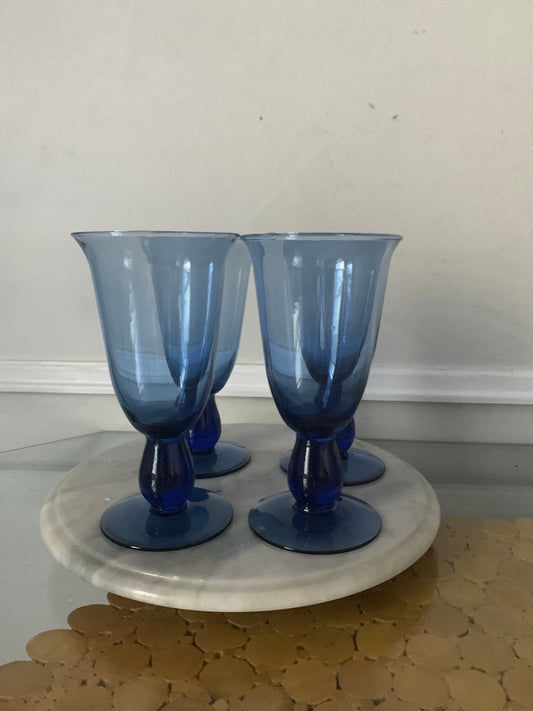 Set of 4 Retro Tall Cobalt Blue  Wine Goblets with Flared Lip