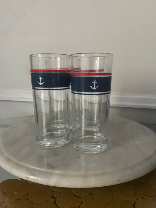 Vintage Set of 4 Glass Tumblers with Navy Stripe And Anchor