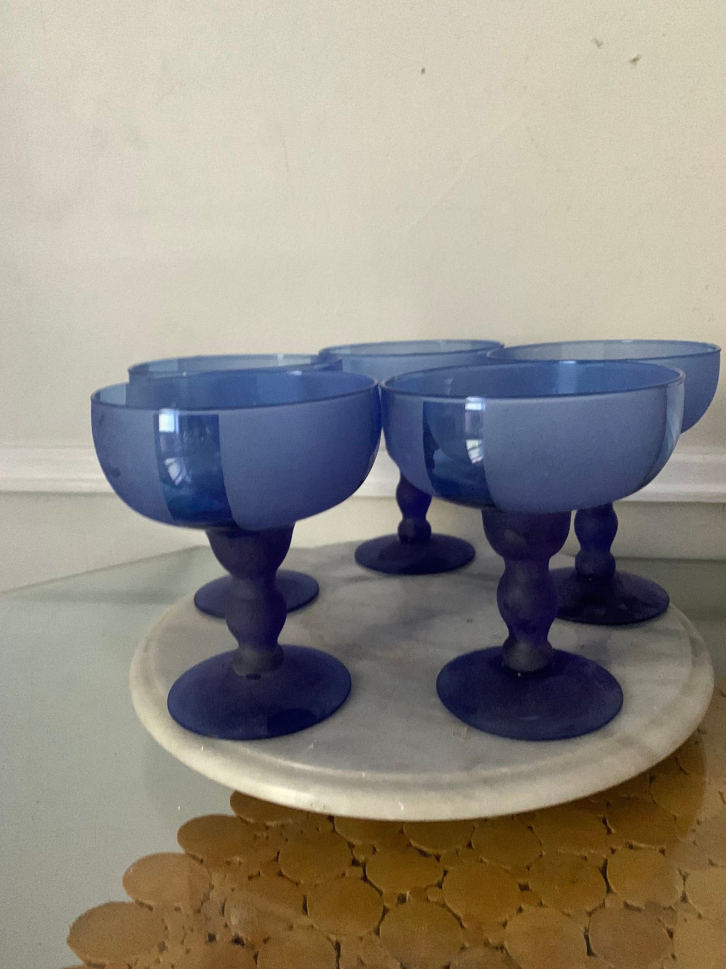 Retro Set of 5 Frosted and Striped Cobalt Blue Margarita Glasses