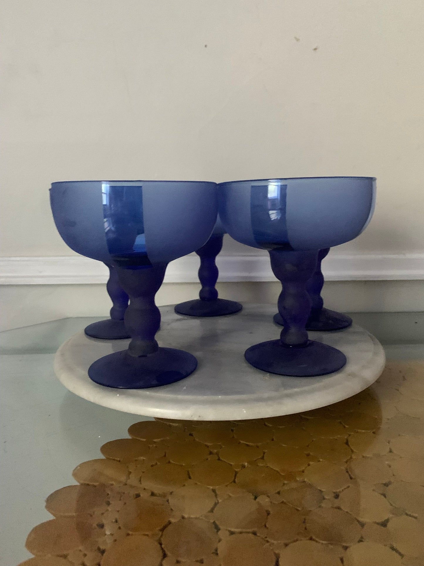 Retro Set of 5 Frosted and Striped Cobalt Blue Margarita Glasses