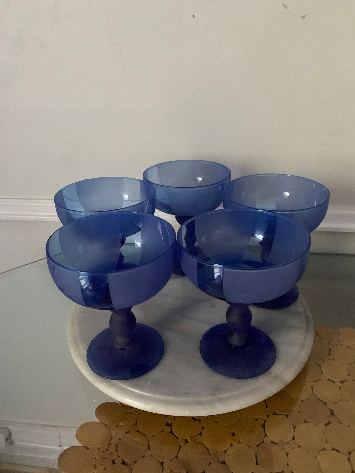 Retro Set of 5 Frosted and Striped Cobalt Blue Margarita Glasses