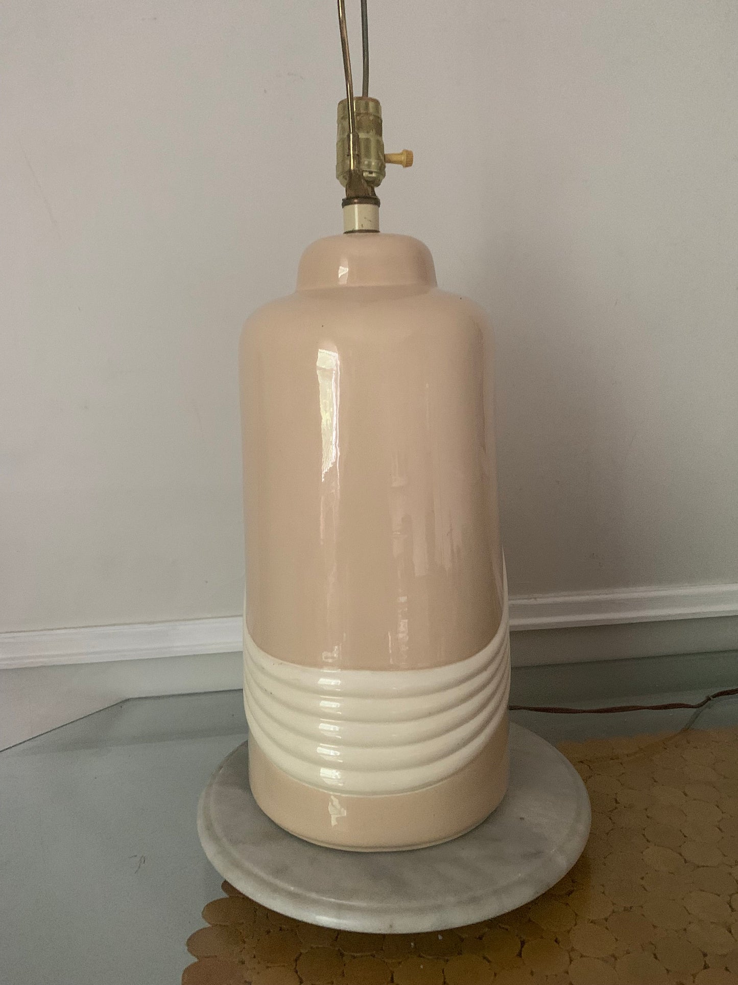 Retro Large Light Tan Ceramic Table Lamp with Cream Piping No Shade