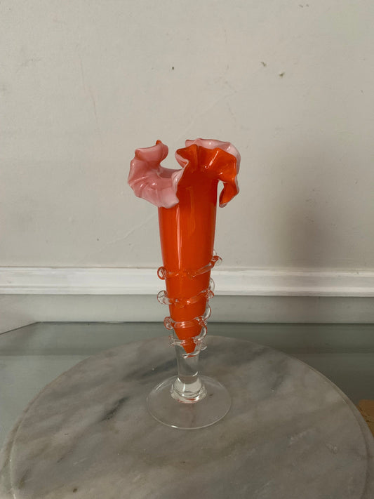 Vintage Orange and White Frilled Edge Glass Vase