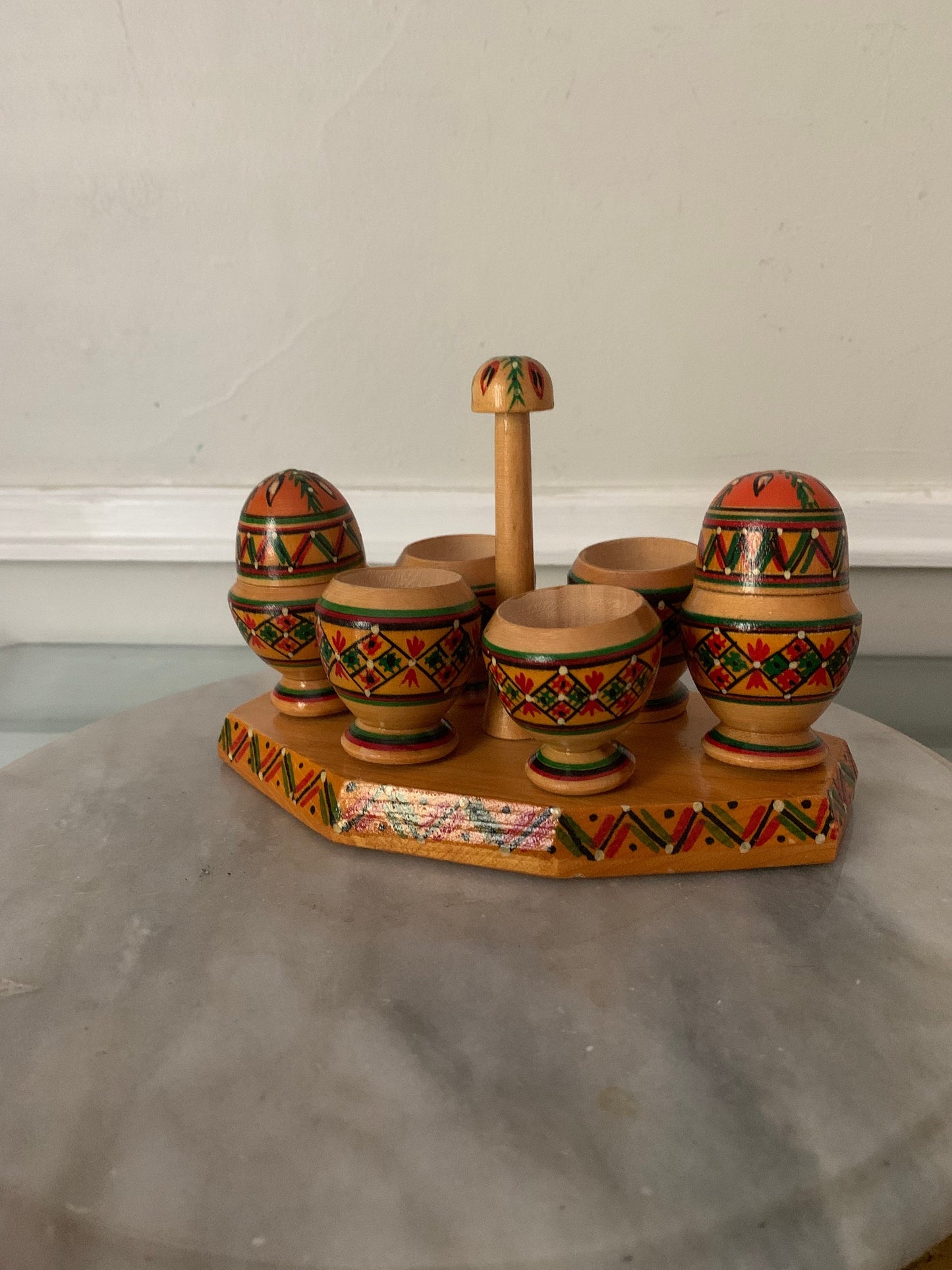 Vintage Hand Painted Wooded Eggs with Salt and Pepper in Caddy