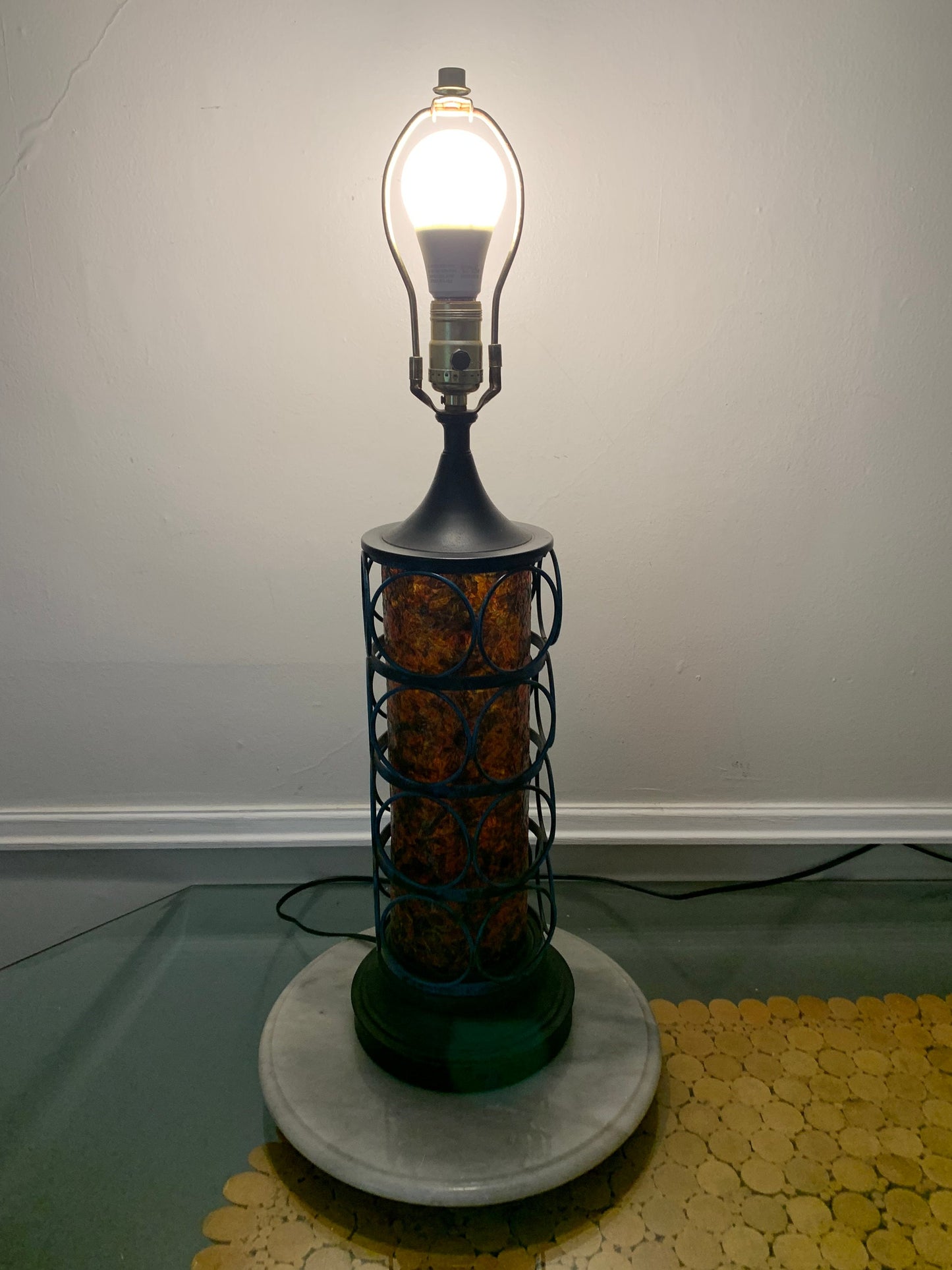 Vintage Tall Amber Tone Confetti Resin Table Lamp with Metal Cage Shade not Included