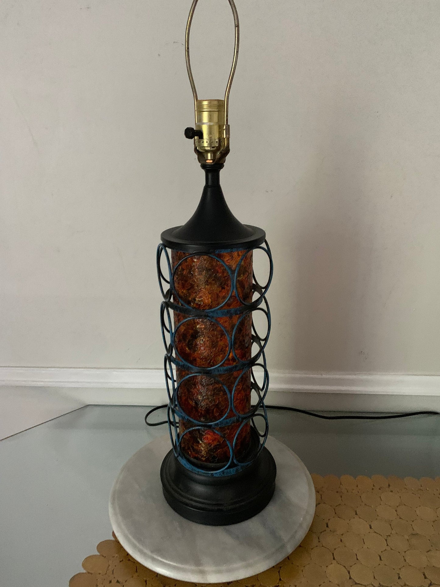 Vintage Tall Amber Tone Confetti Resin Table Lamp with Metal Cage Shade not Included