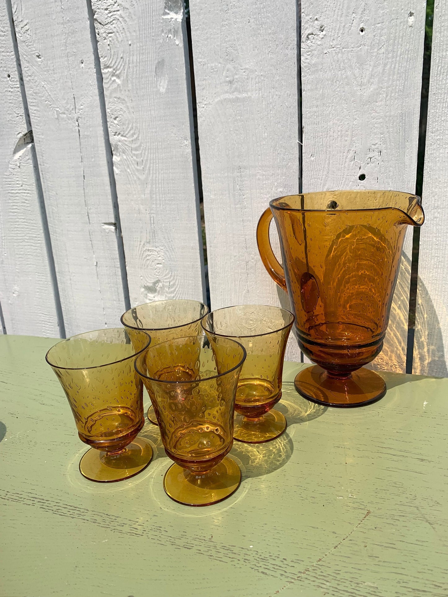 MCM Bubble Yellow Glass Pitcher and 4 Pedestal Glasses