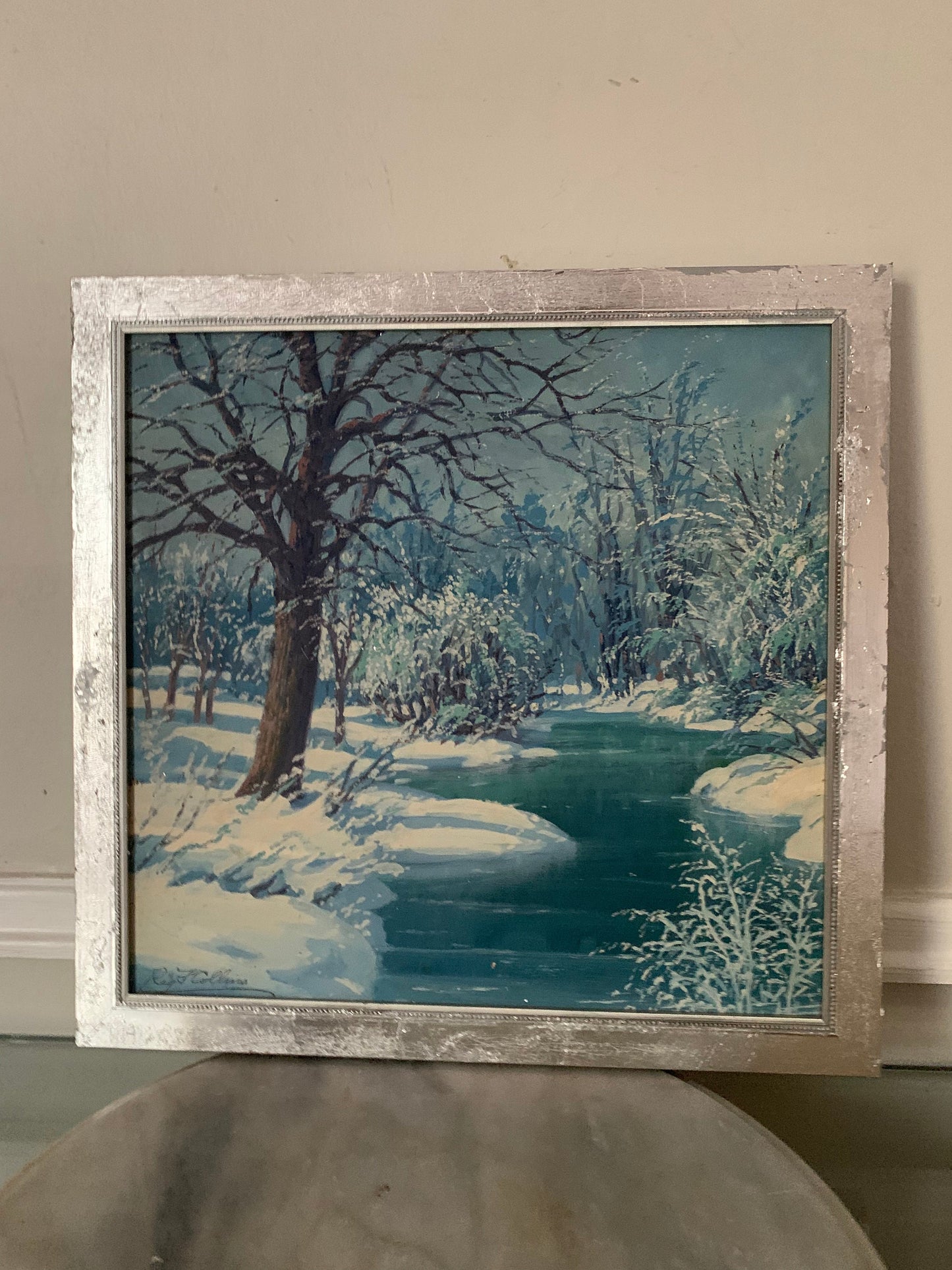 Retro Square Blue Tone Winter Scene in Silver Frame
