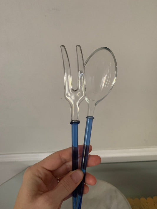 Pair of Retro Cobalt and Clear Glass Salad Tongs Spoon and Fork