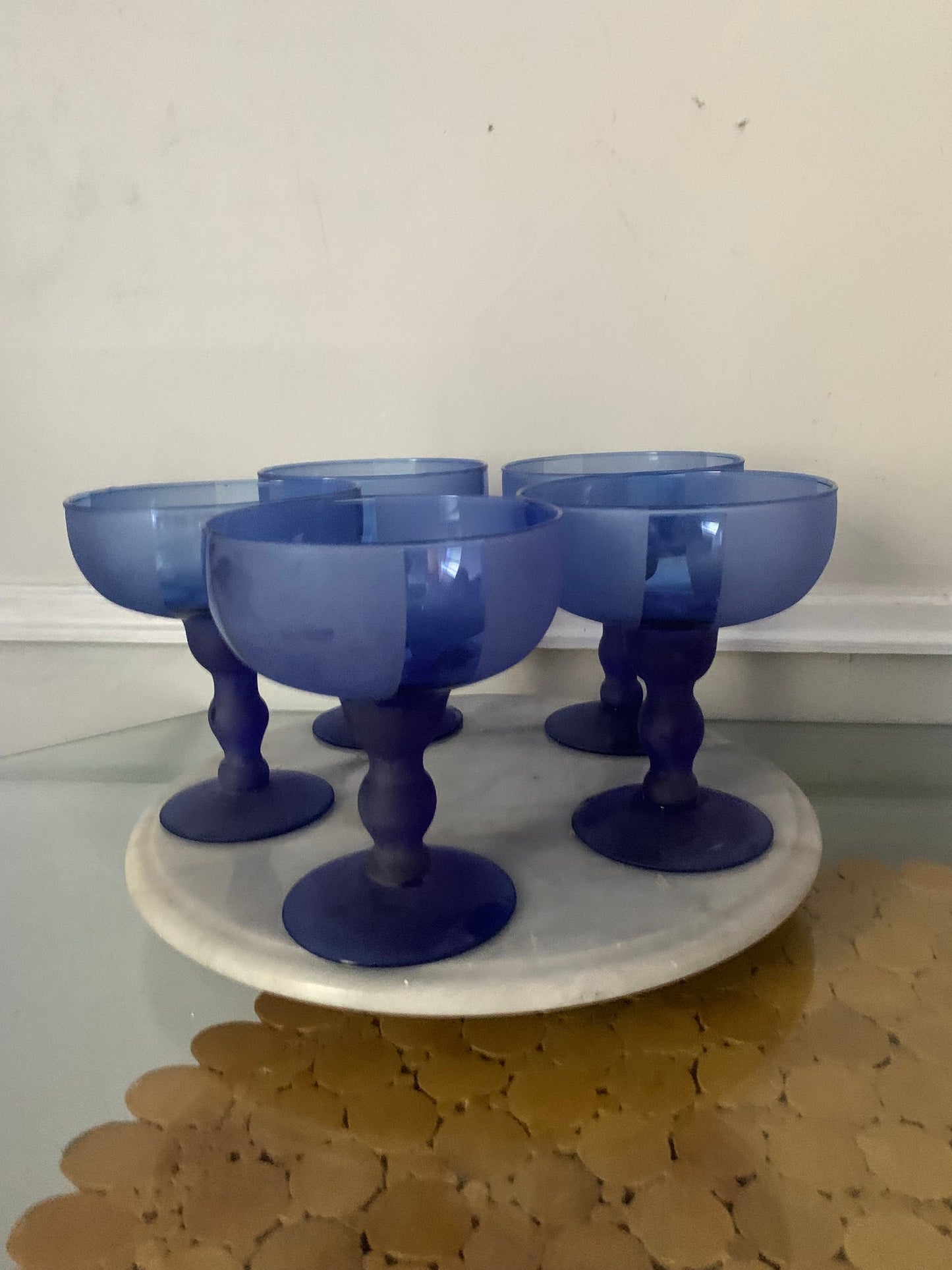 Retro Set of 5 Frosted and Striped Cobalt Blue Margarita Glasses