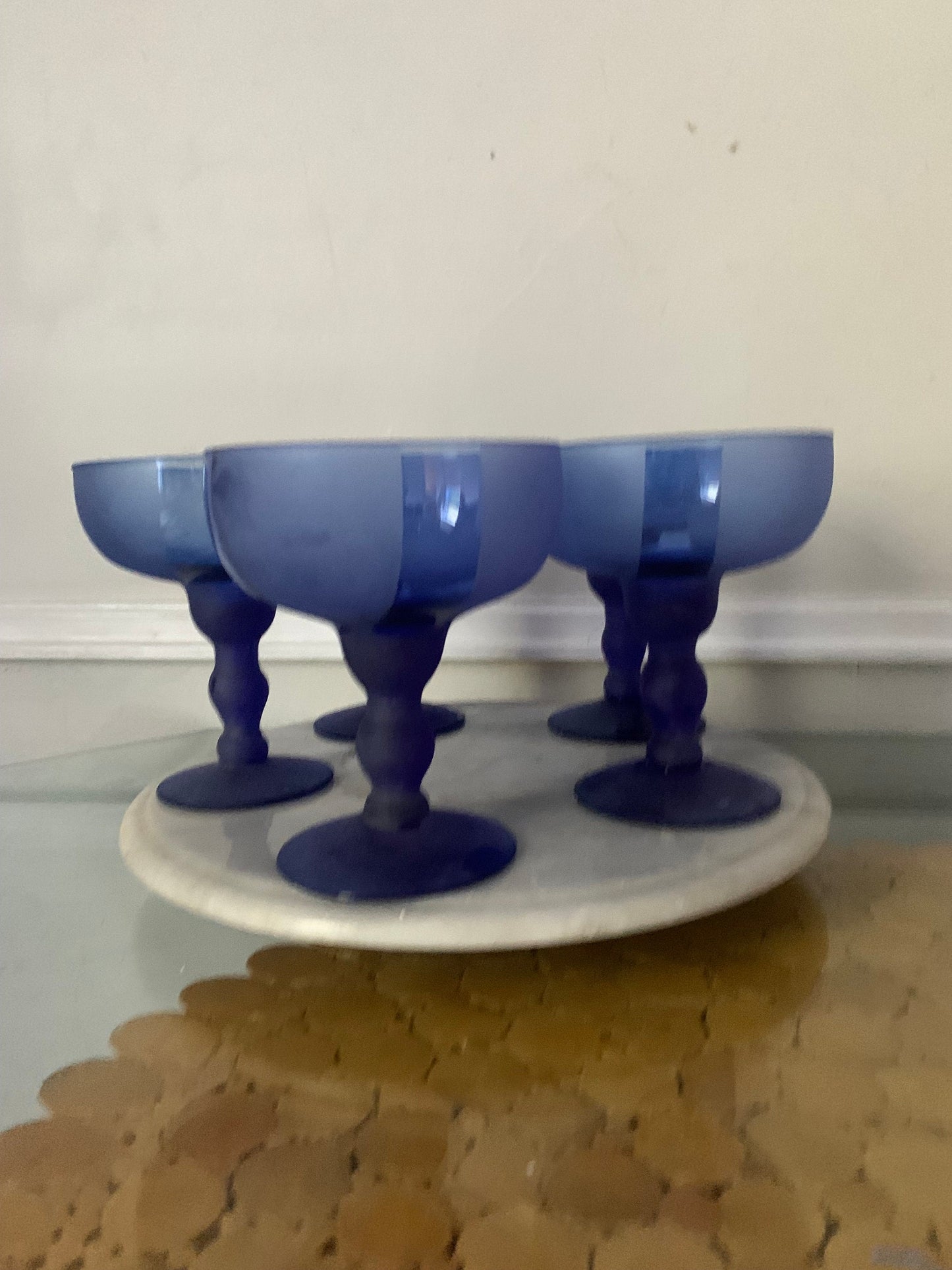 Retro Set of 5 Frosted and Striped Cobalt Blue Margarita Glasses