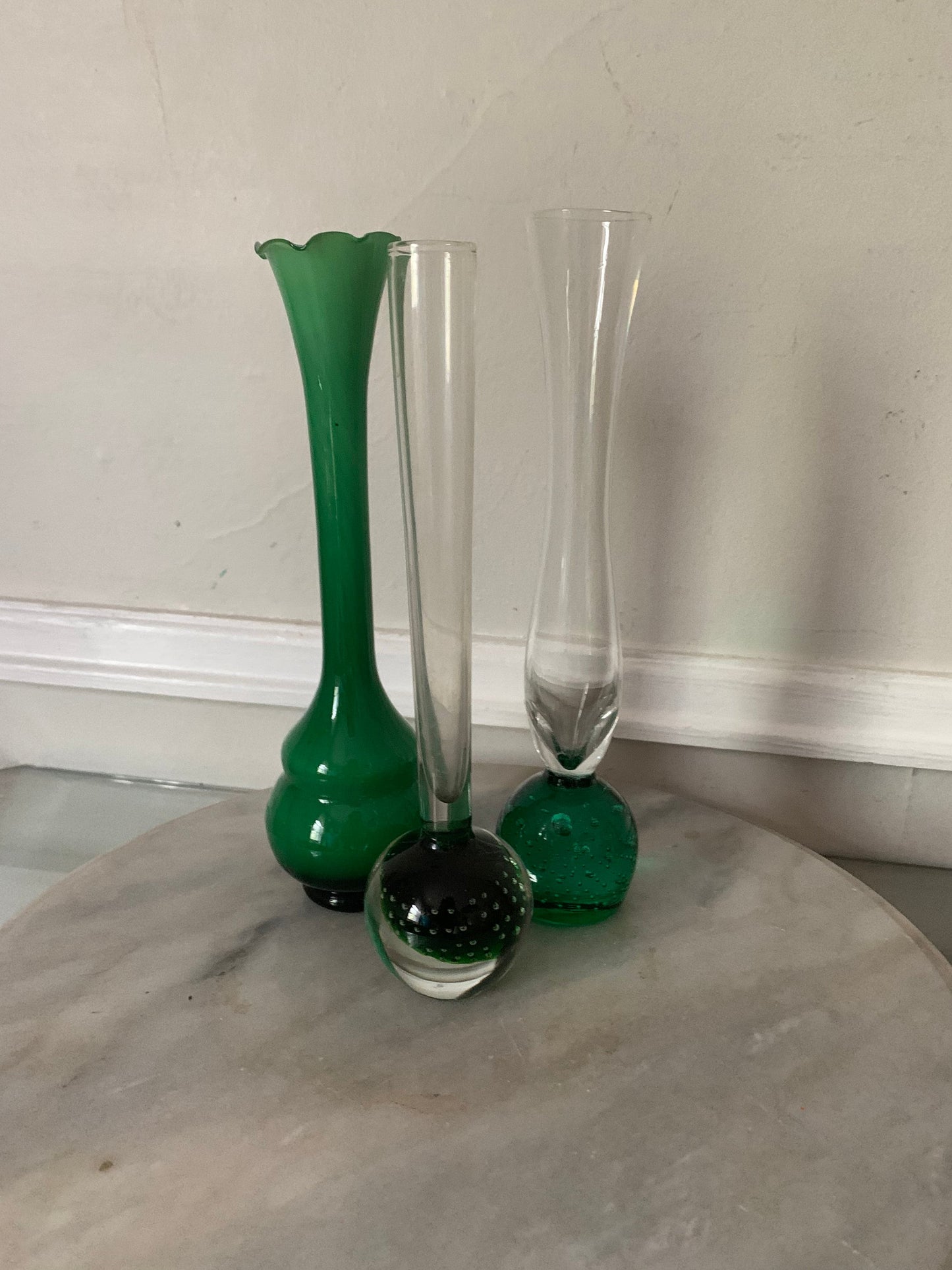 Set of 3 Vintage Green Glass Bud Vases