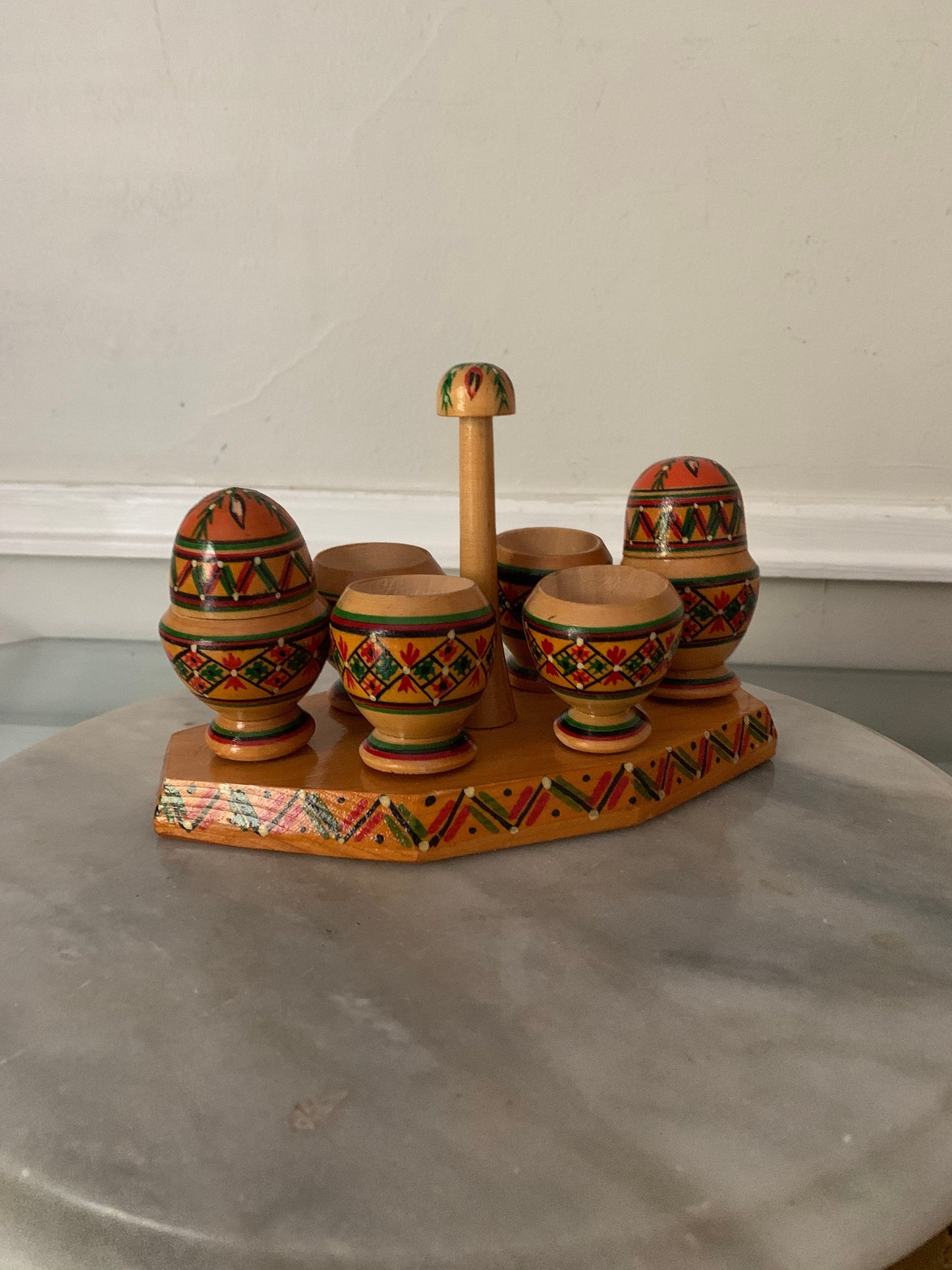 Vintage Hand Painted Wooded Eggs with Salt and Pepper in Caddy