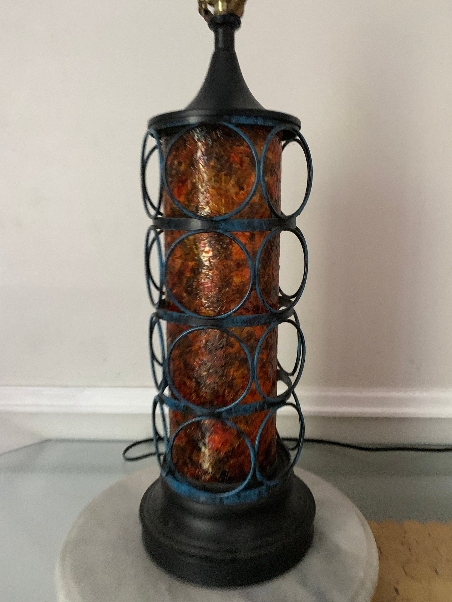 Vintage Tall Amber Tone Confetti Resin Table Lamp with Metal Cage Shade not Included