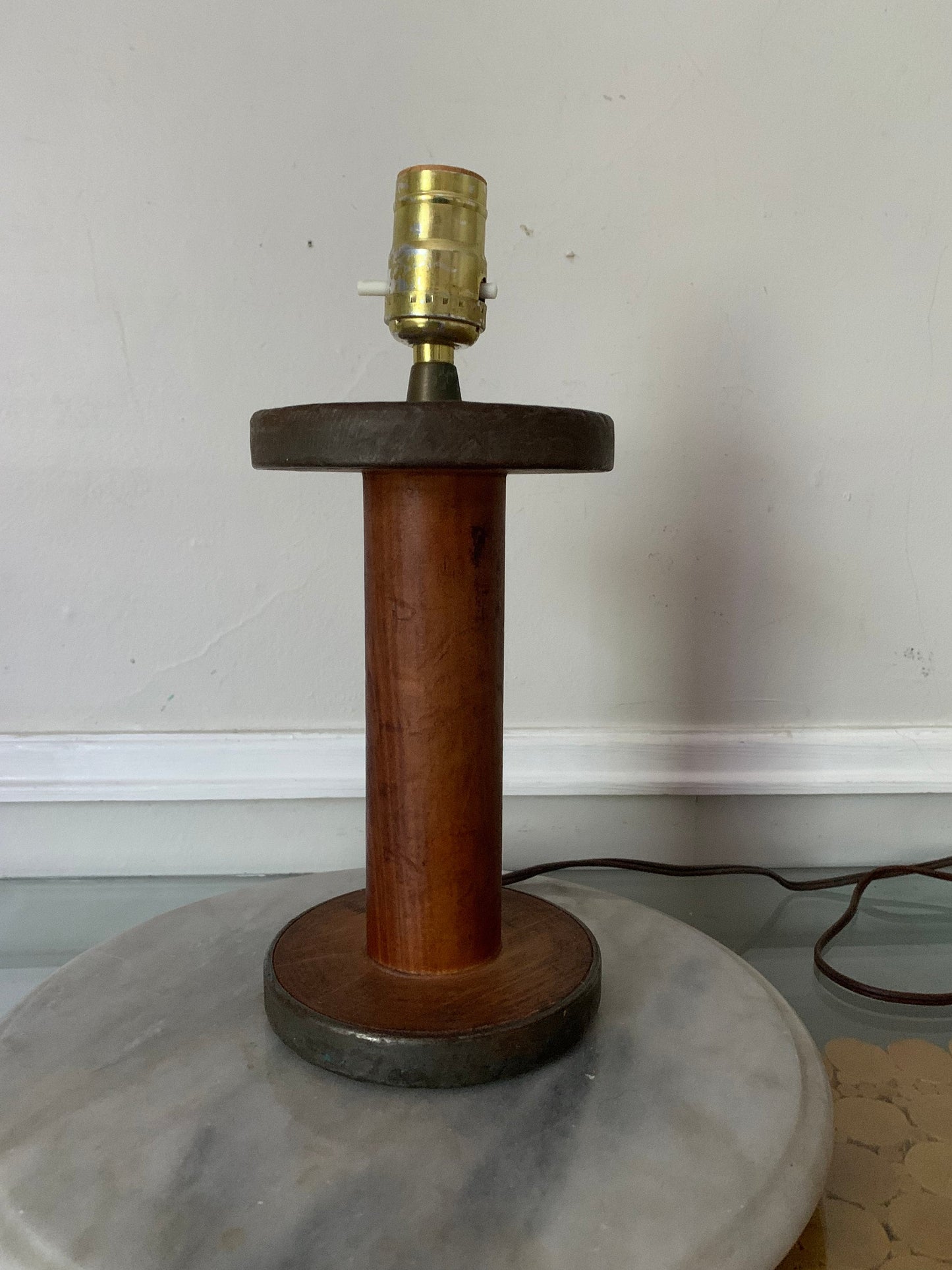 Vintage Small Wooden Bobbin Lamp No Shade