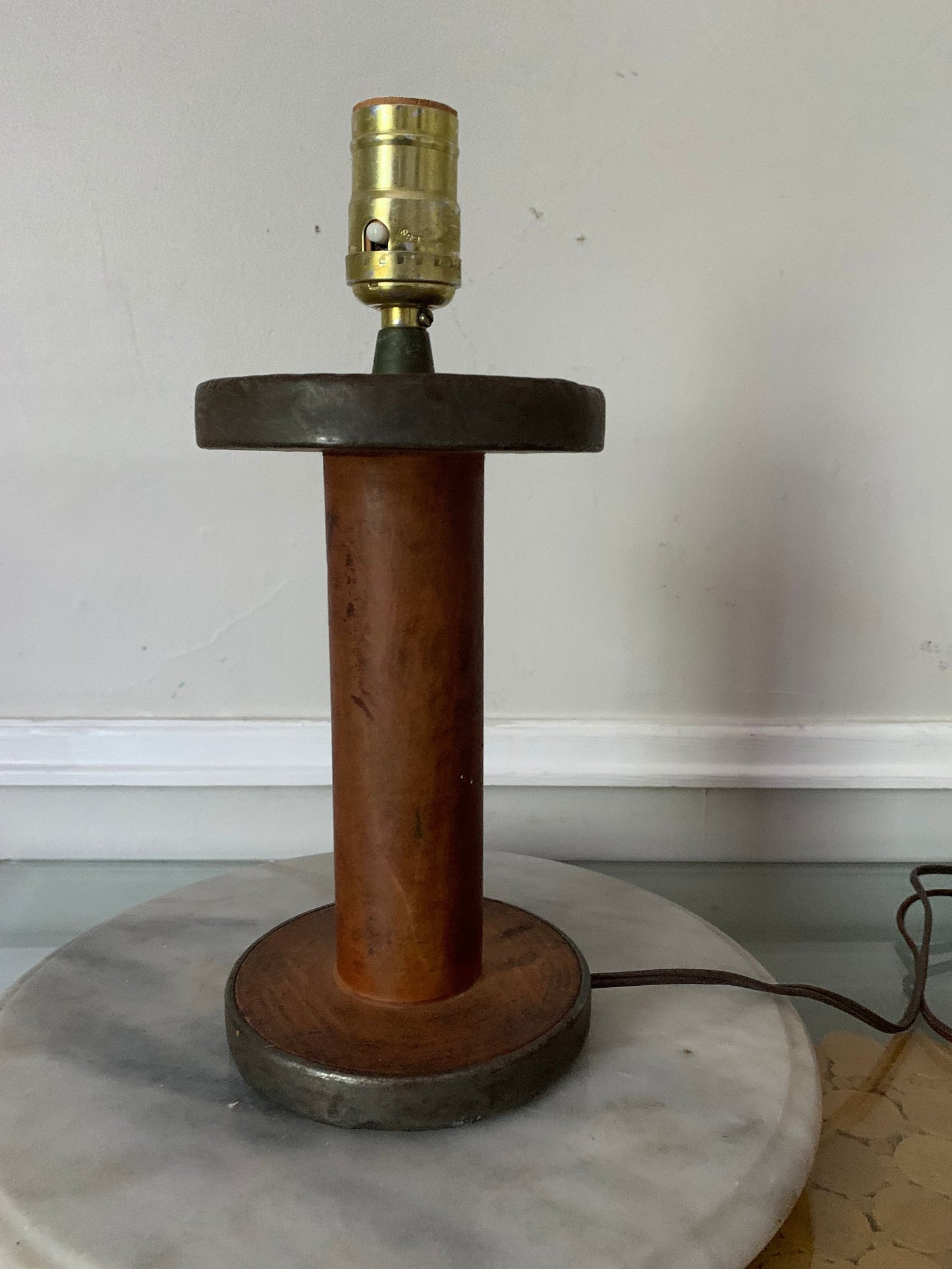 Vintage Small Wooden Bobbin Lamp No Shade