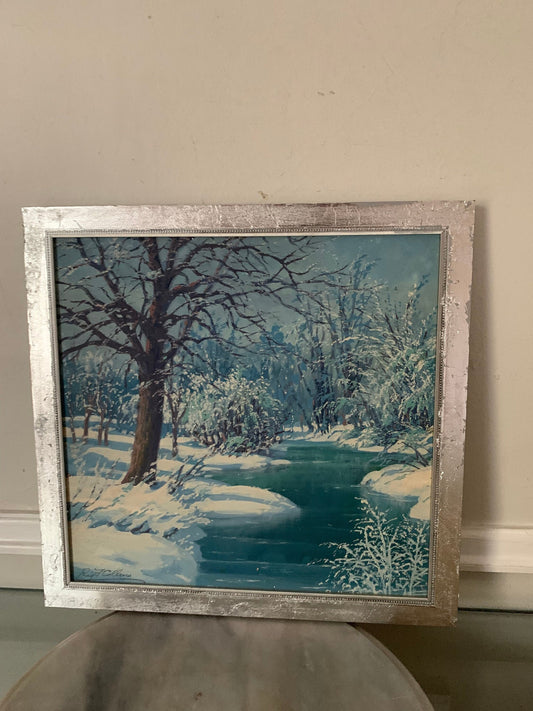 Retro Square Blue Tone Winter Scene in Silver Frame