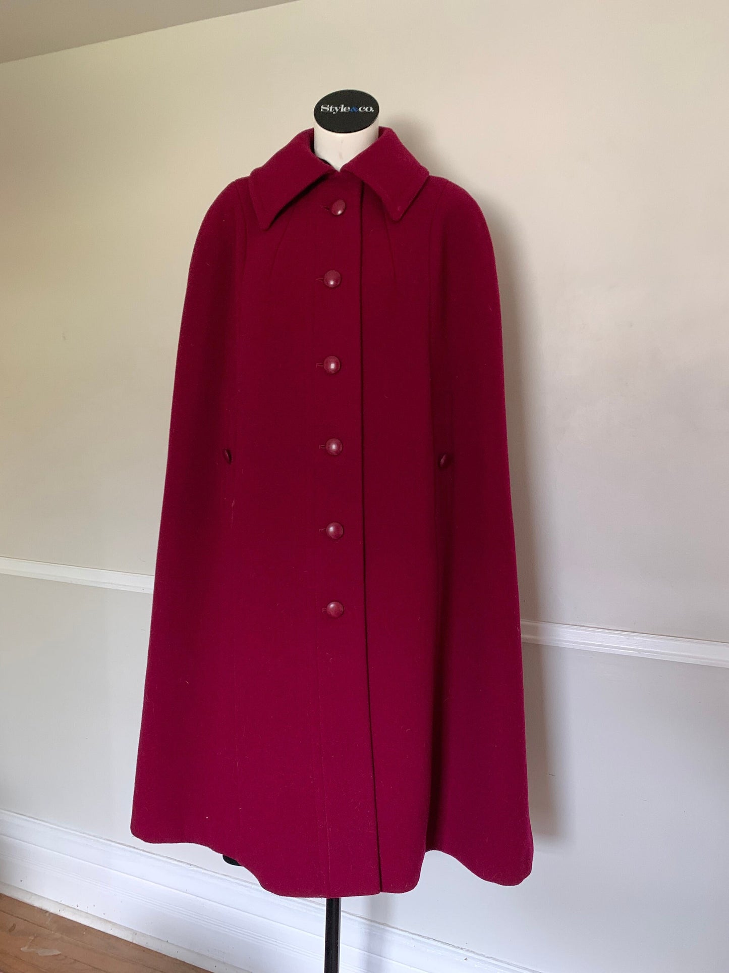 Vintage 1960s Selfridges Raspberry Wool Cape Made in England