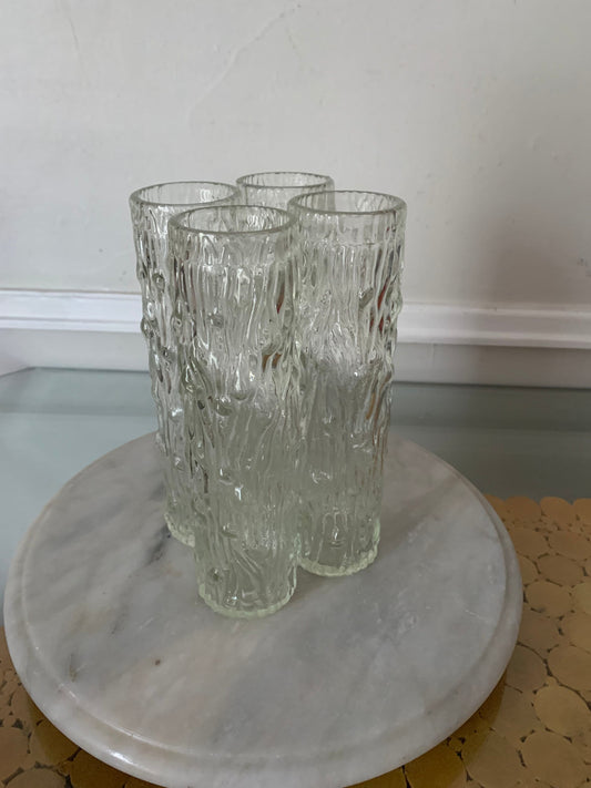 Set of 4 MCM Tall Whitefriars Clear Textured Bark Art Glass Cylindrical Vases