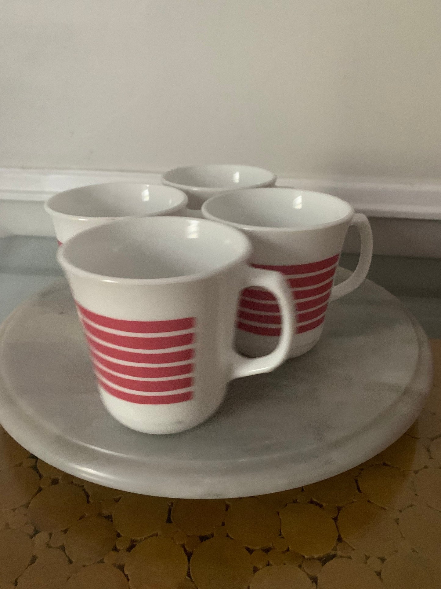 Set of 4 Retro Pink Stripe Corning Mugs Made in USA