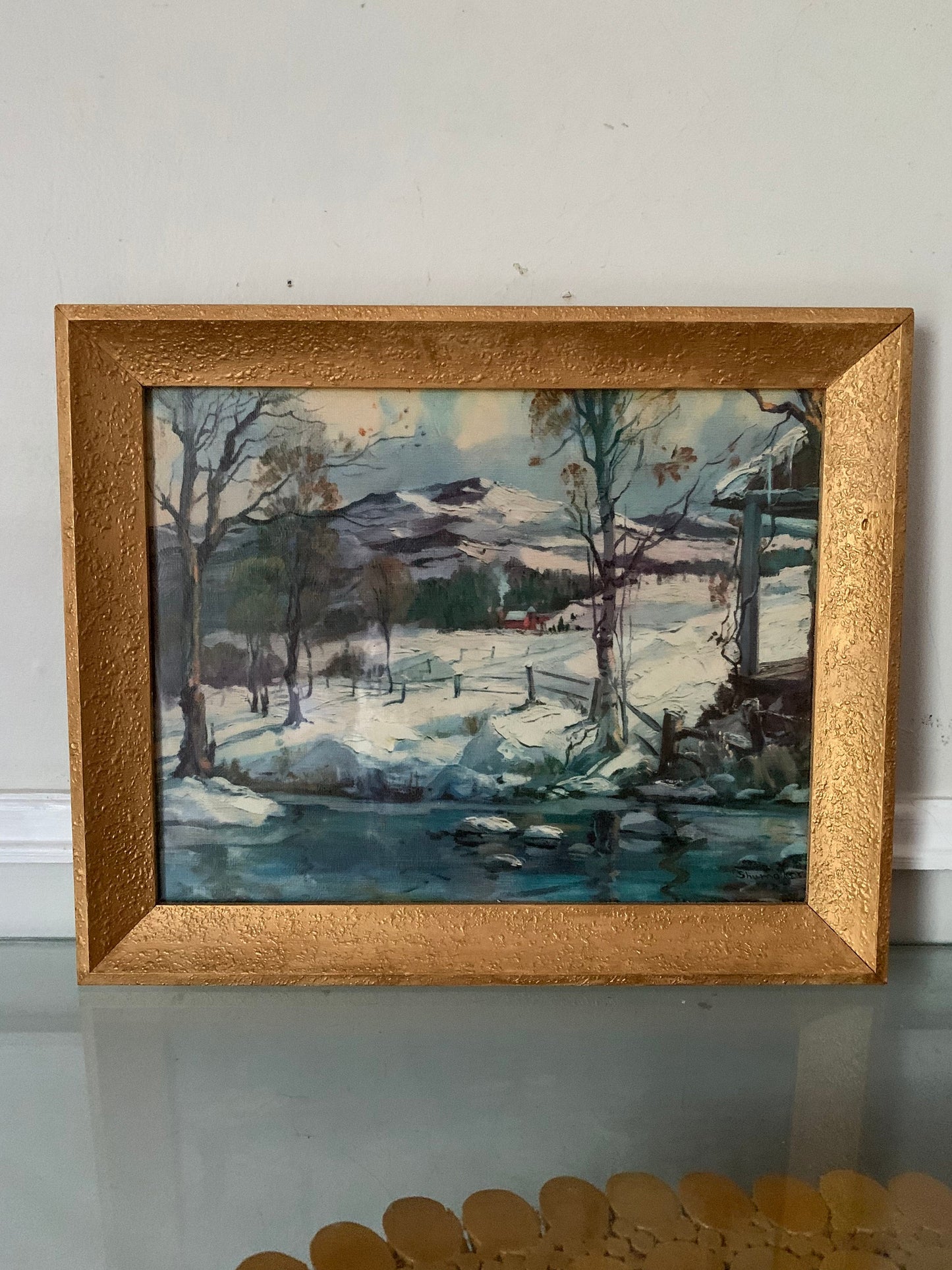 Vintage Framed Winter Scene Print in Wood Frame