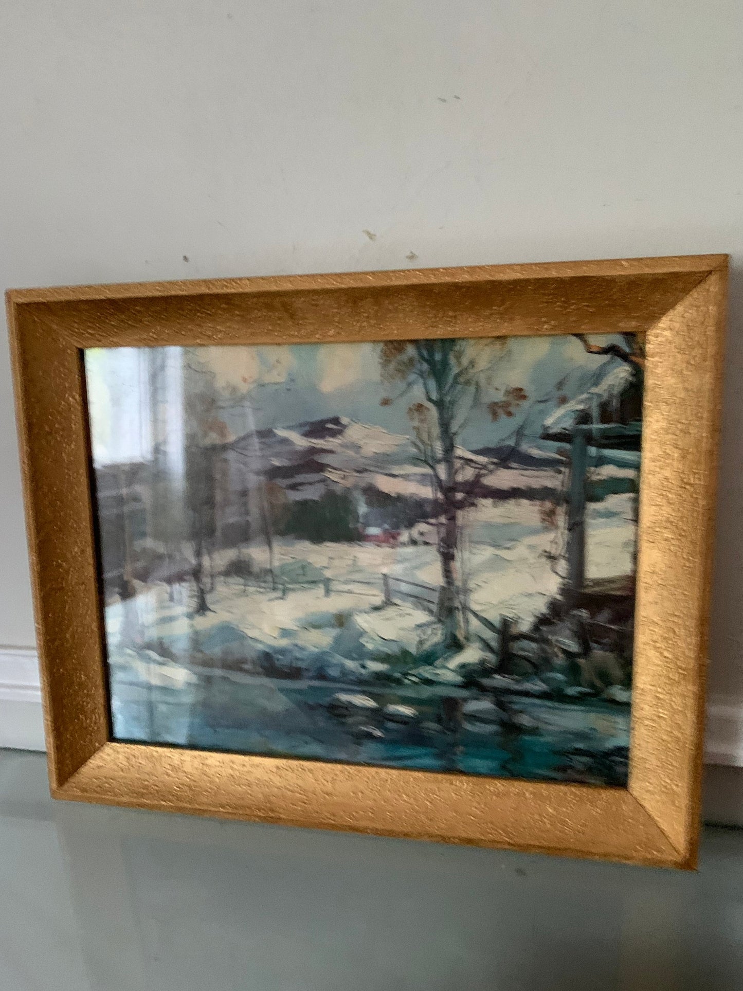 Vintage Framed Winter Scene Print in Wood Frame