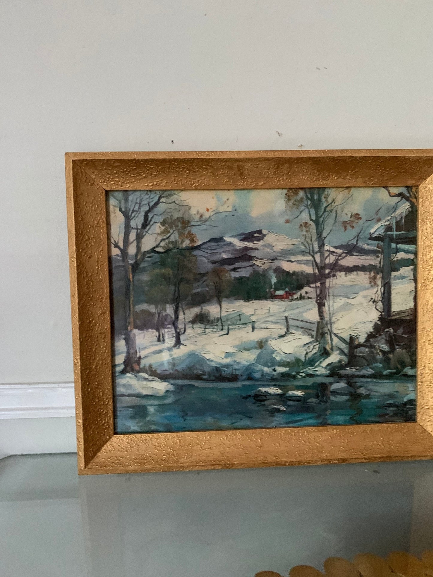 Vintage Framed Winter Scene Print in Wood Frame